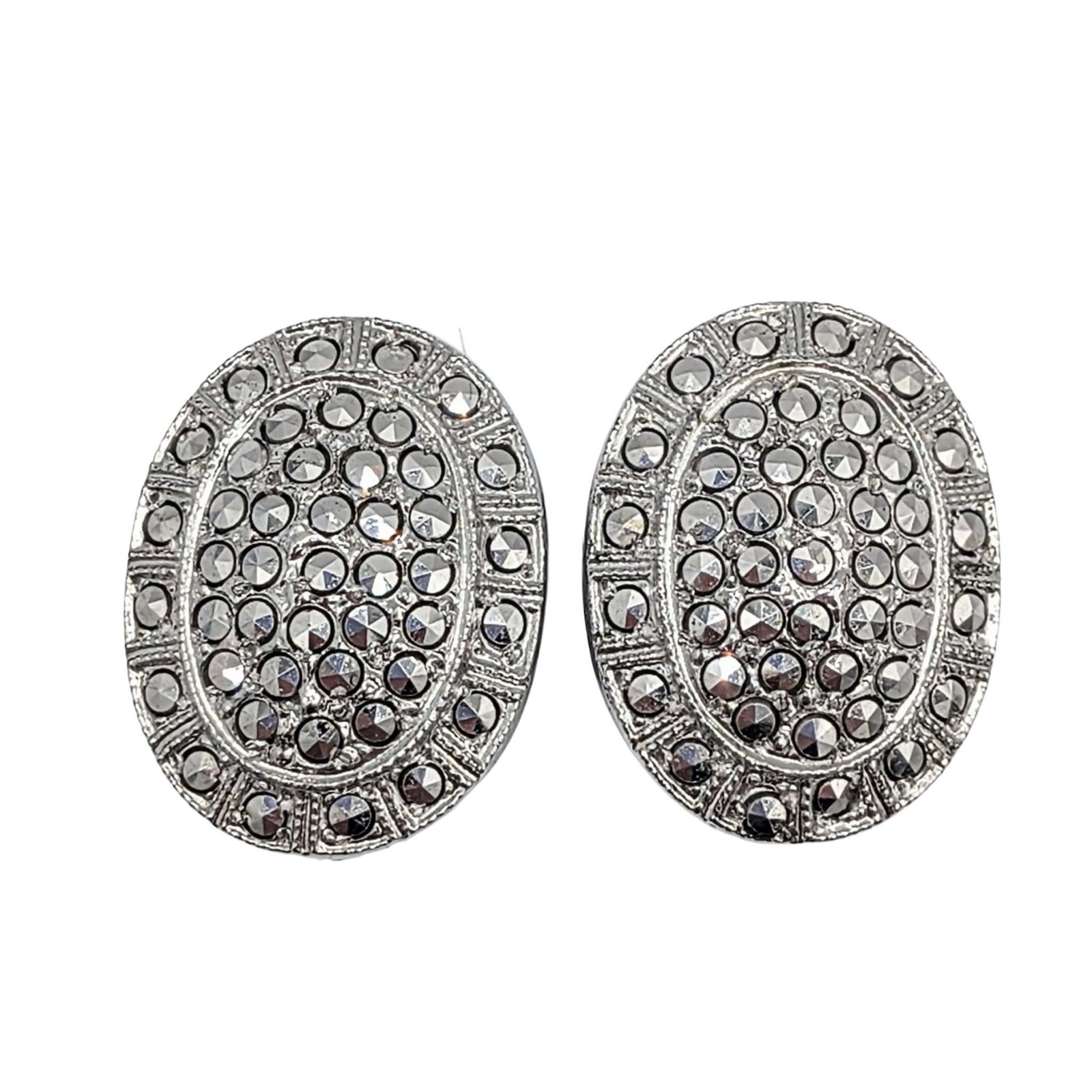 Vintage Sterling Silver Cut Steel Oval Screw Back Earrings (1 of 4)