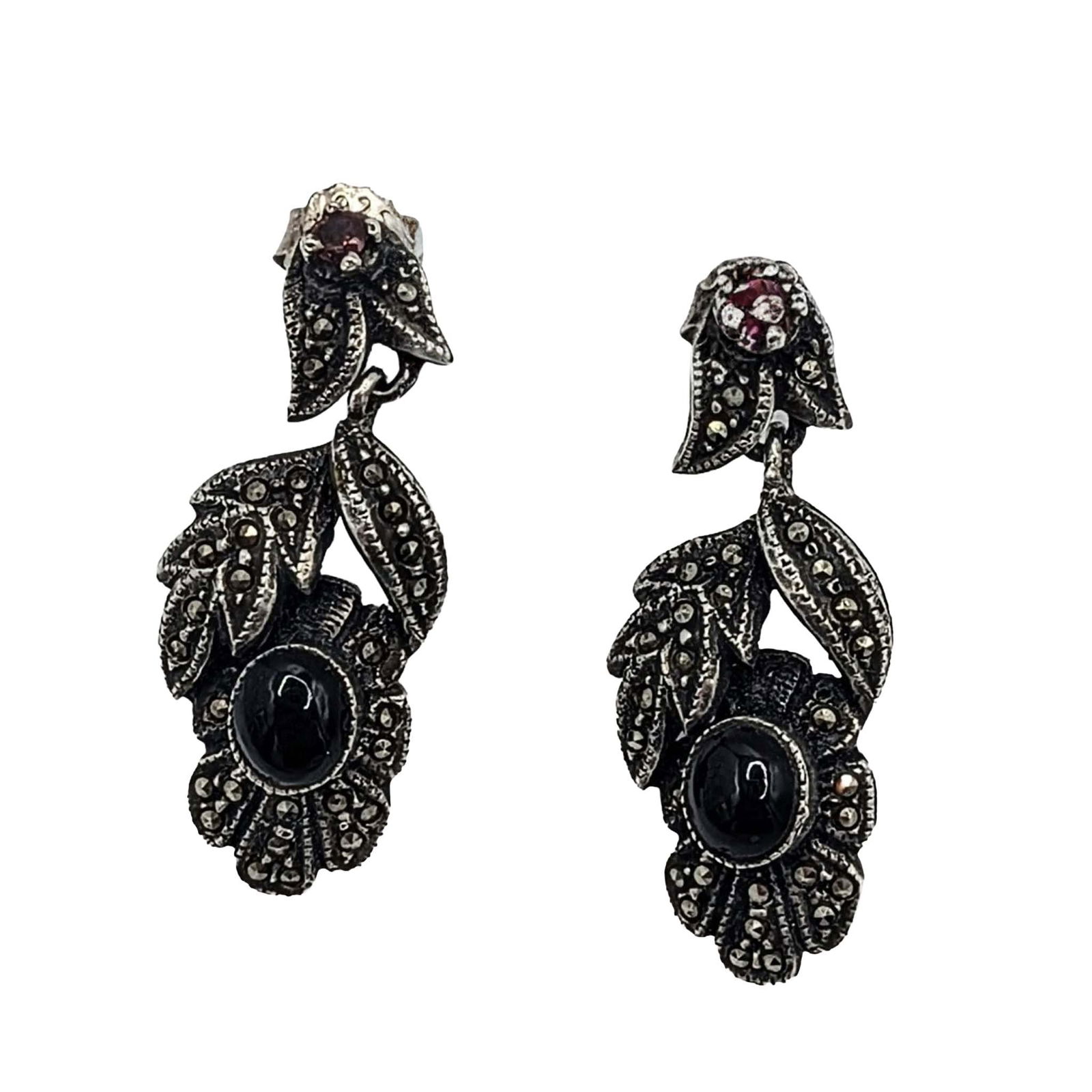 Sterling Silver Multi Gemstone Dangle Stud Earrings: Sterling Silver, Garnet, Marcasite, Amethyst Dangle Stud Earrings. Signed 925. 6.8g