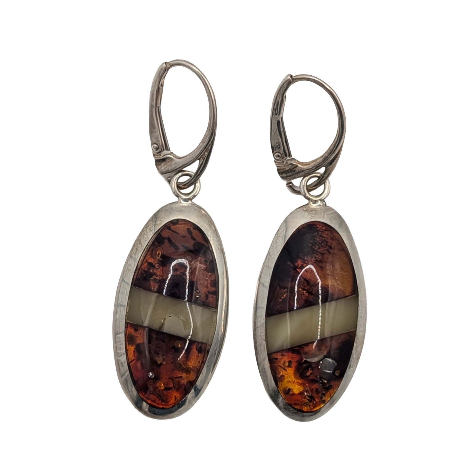 Polish Sterling Silver Amber Two Tone Oval Drop Earrings: Polish Sterling Silver Amber Two Tone Oval Drop Earrings. Signed 925. 9.6g