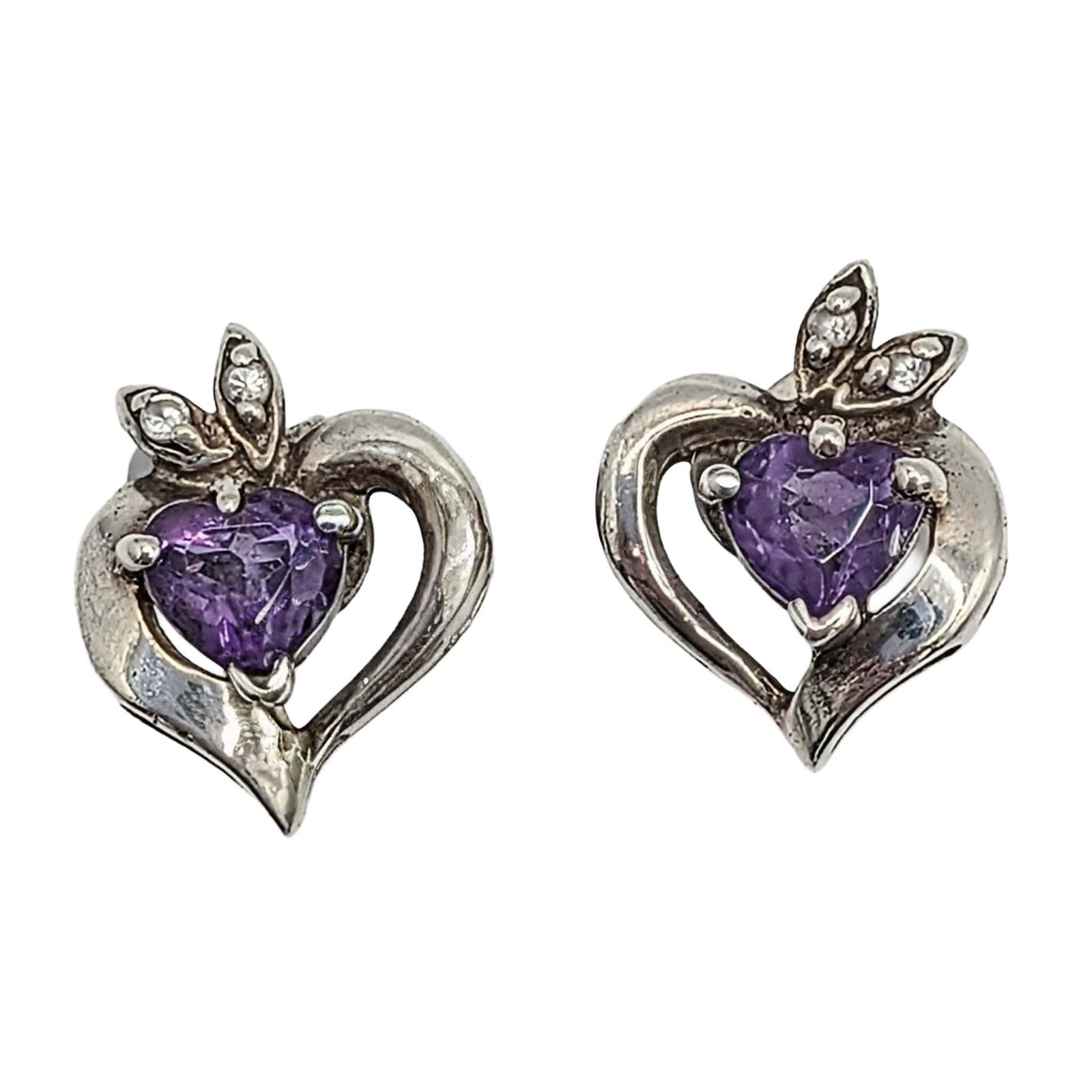 Sterling Silver Amethyst CZ Heart Stud Earrings (1 of 4)