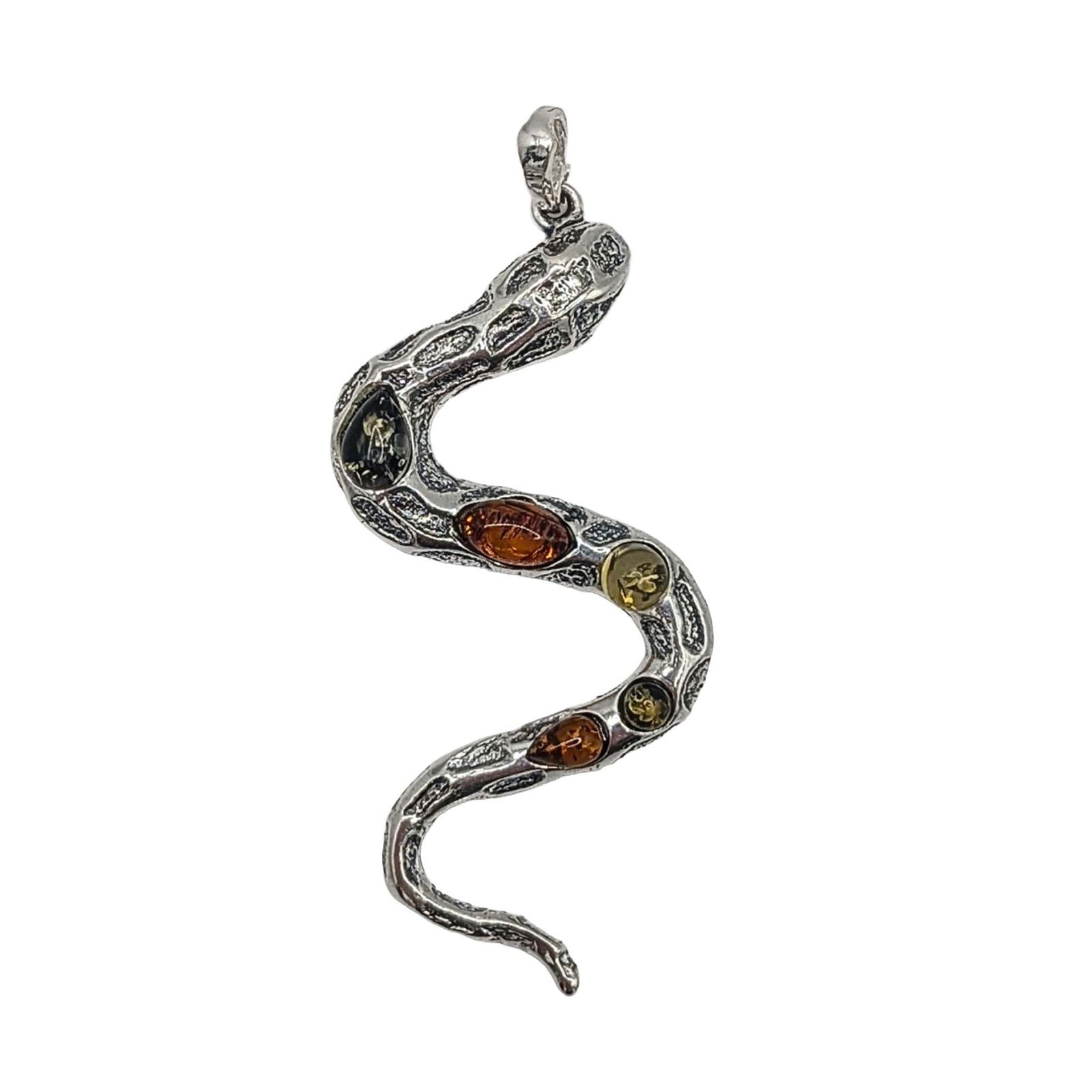 Sterling Silver Amber Tri Color Snake Pendant: Sterling Silver Amber Tri Color Snake Pendant. Signed 925. 3.6g