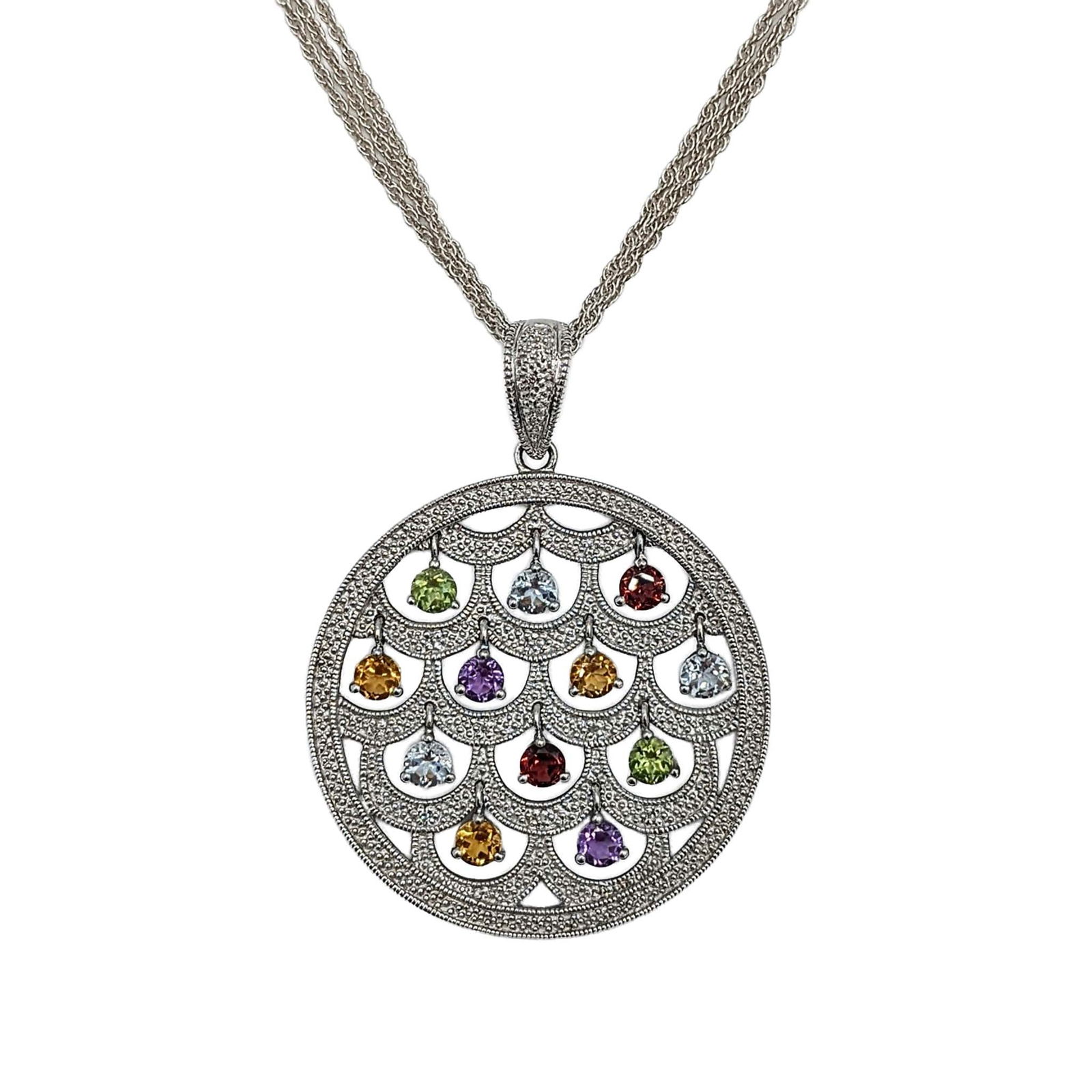 Signed Sterling Silver Multi Gemstone Dangle Gems Necklace: Signed Sterling Silver, Diamond, Amethyst, Aquamarine, Garnet, Peridot, Topaz Dangle Gems Necklace. 18-20in Length. Signed EA 925 China. 17.4g