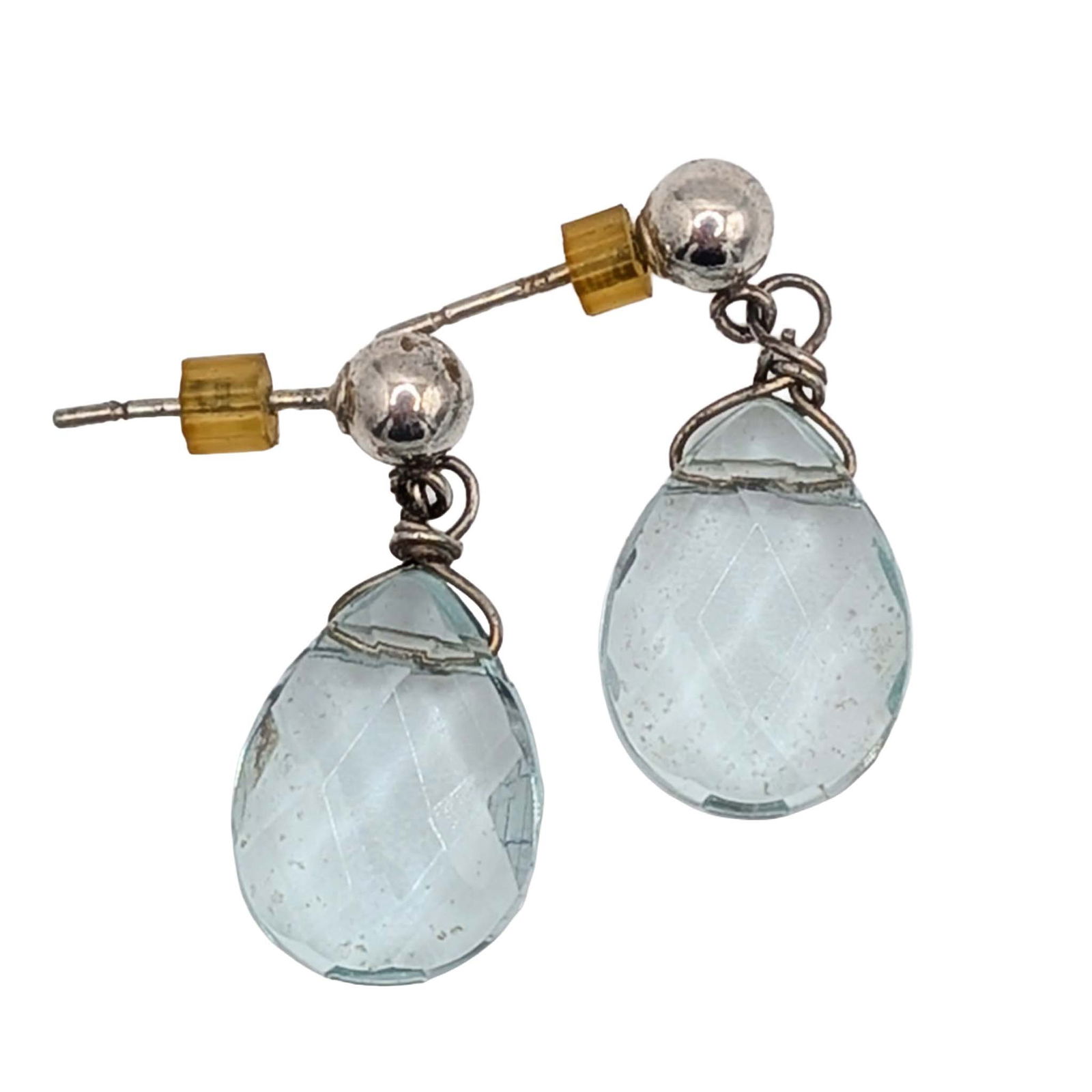 Sterling Silver Blue Glass Drop Stud Earrings: Sterling Silver, Blue Glass Drop Stud Earrings. Signed 925. 3.8g