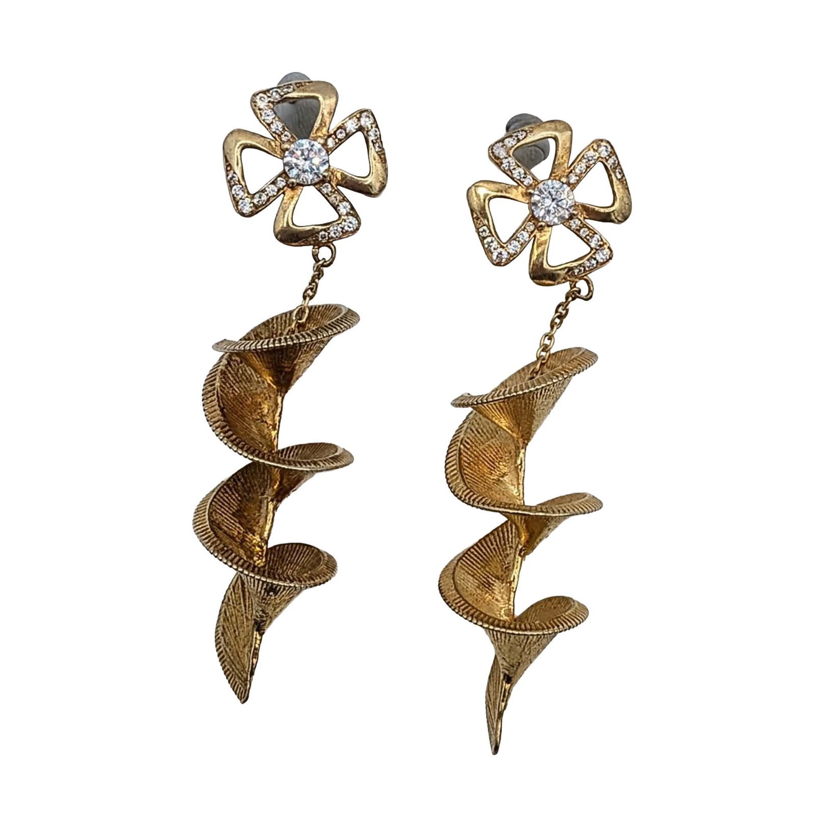 Gold Over Sterling Silver CZ Floral Twirl Dangle Stud Earrings: Gold Over Sterling Silver, CZ Floral Twirl Dangle Stud Earrings. Signed 925. 23.5g