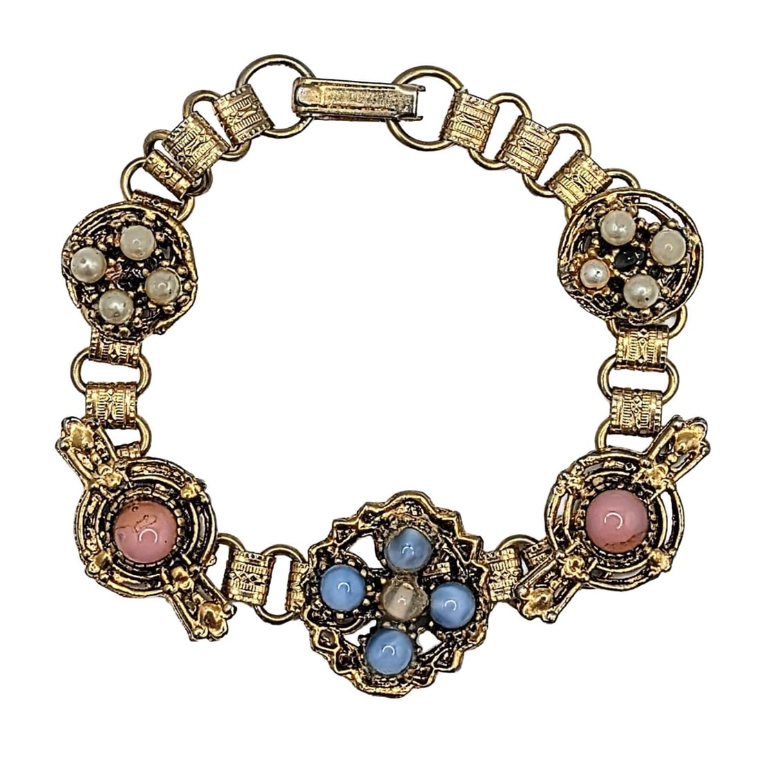 Vintage Gold Tone Metal Faux Pearl Glass Book Chain Bracelet: Gold Tone Metal, Glass, Faux Pearl Book Chain Bracelet. 8.25in Length. Unsigned. 26.9g