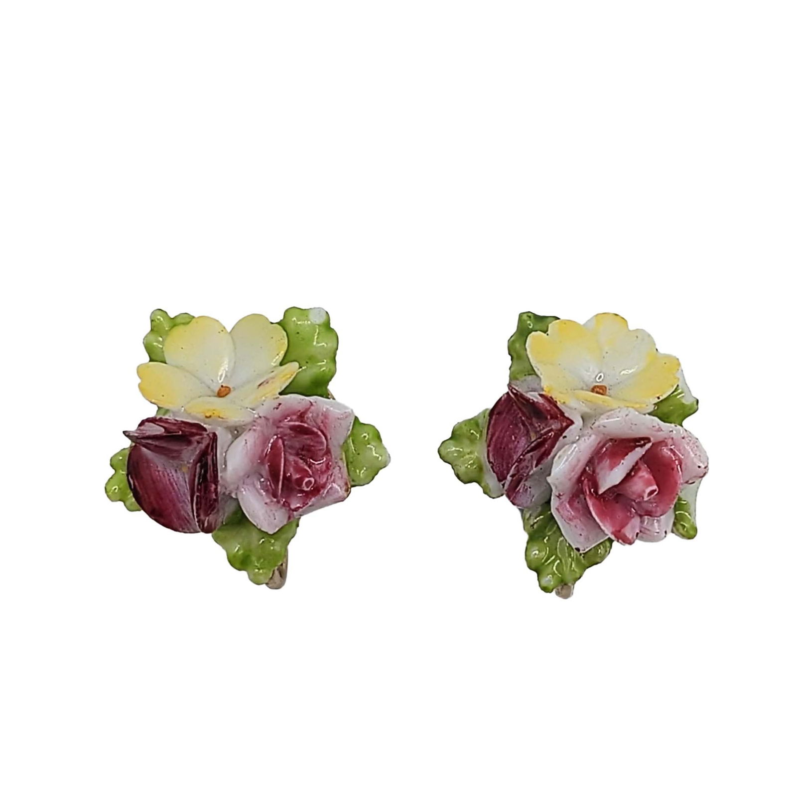 Coro Gold Tone Metal Porcelain Flower Screw Back Earrings: Coro Gold Tone Metal, Occupied Japanese Porcelain Flower Screw Back Earrings. Signed Coro. 5.3g