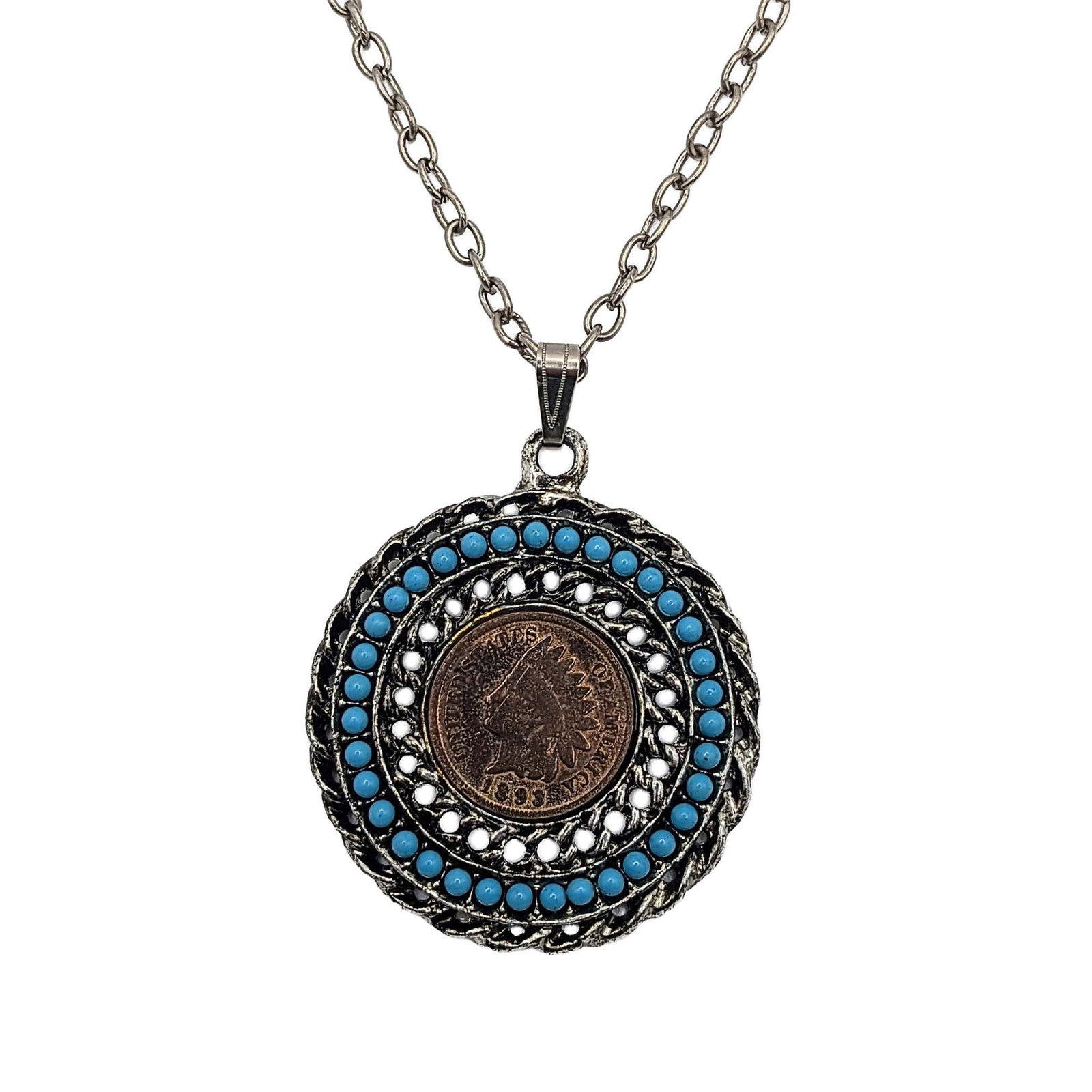 Vintage Silver Tone Metal Glass 1893 Indian Penny Necklace: Vintage Silver Tone Metal, Glass Turquoise, 1893 Indian Head Penny Necklace. 24in Length. Unsigned. 30.3g