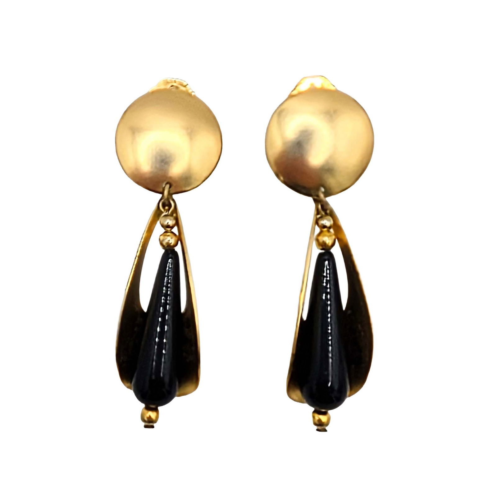 Vintage Gold Tone Metal Black Acrylic Modern Drop Earrings (1 of 4)