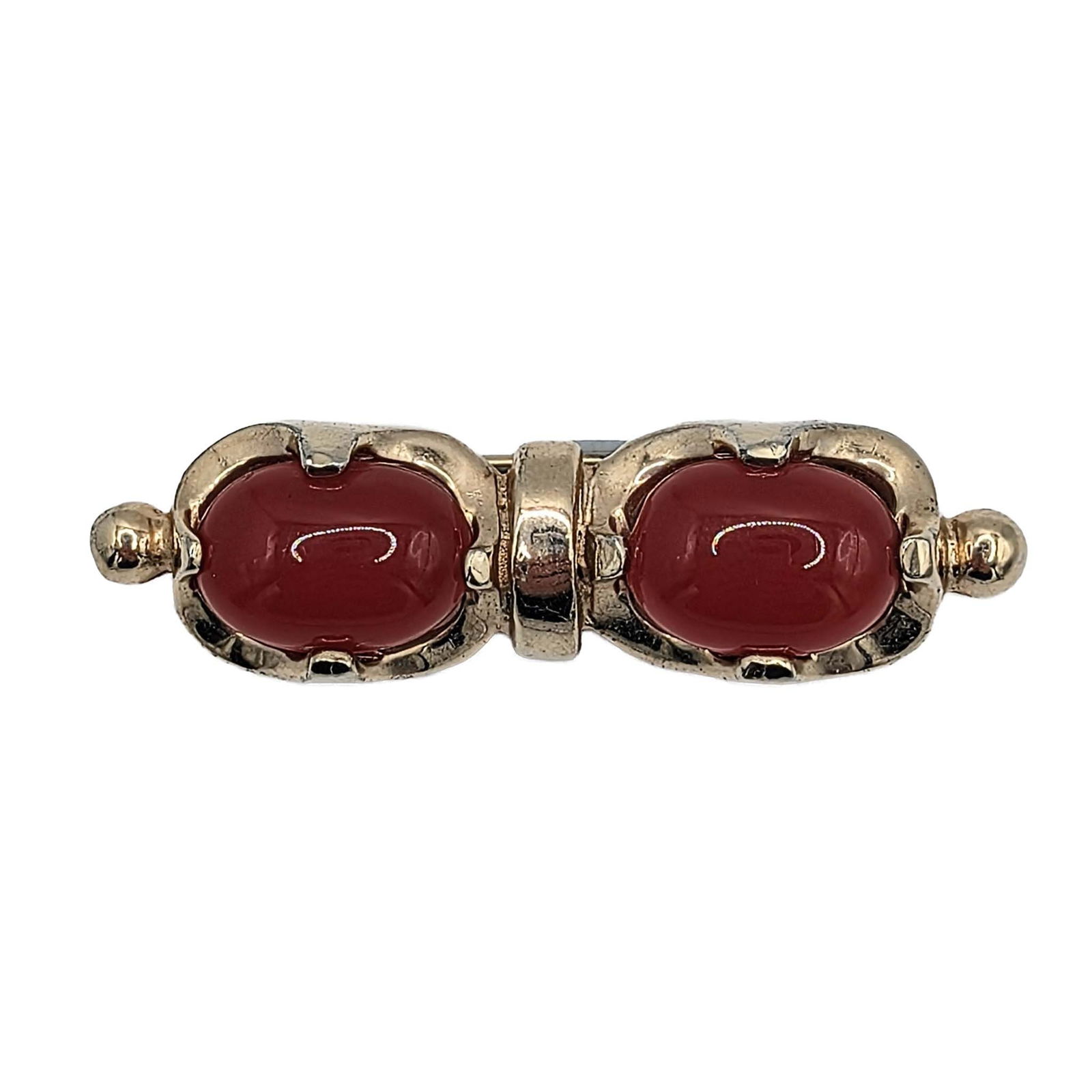 Gold Tone Metal Glass Carnelian Double Gem Brooch: Gold Tone Metal, Glass Carnelian Double Gem Brooch. Unsigned. 10.9g