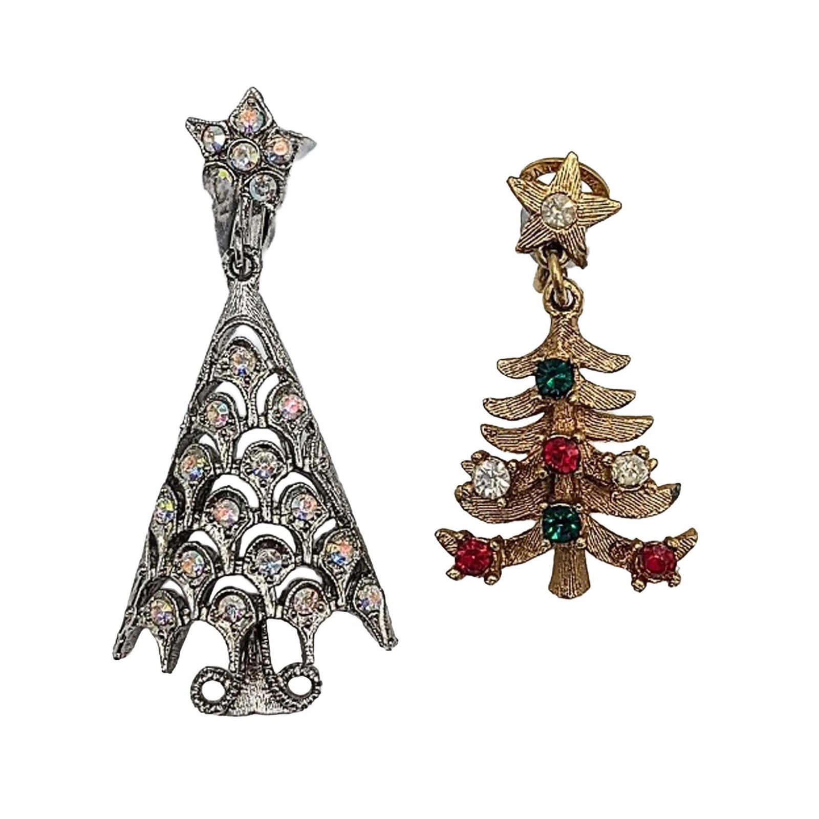 Mylu Rhinestone Christmas Tree Earrings Lot: Mylu Silver Tone Metal, Gold Tone Metal, Rhinestone Christmas Tree Earrings Lot. Signed MYLU. AS IS missing matches. 13g