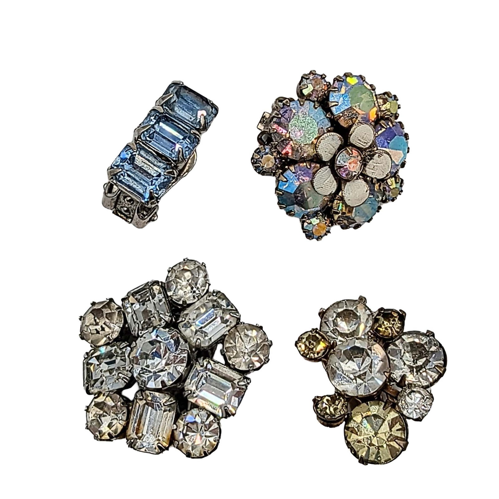 Weiss Rhinestone Clip Back Earrings Lot: Weiss Silver Tone Metal, Gold Tone Metal, Rhinestone Clip Back Single Earrings Lot. Signed Weiss. AS IS missing matches. 22.1g