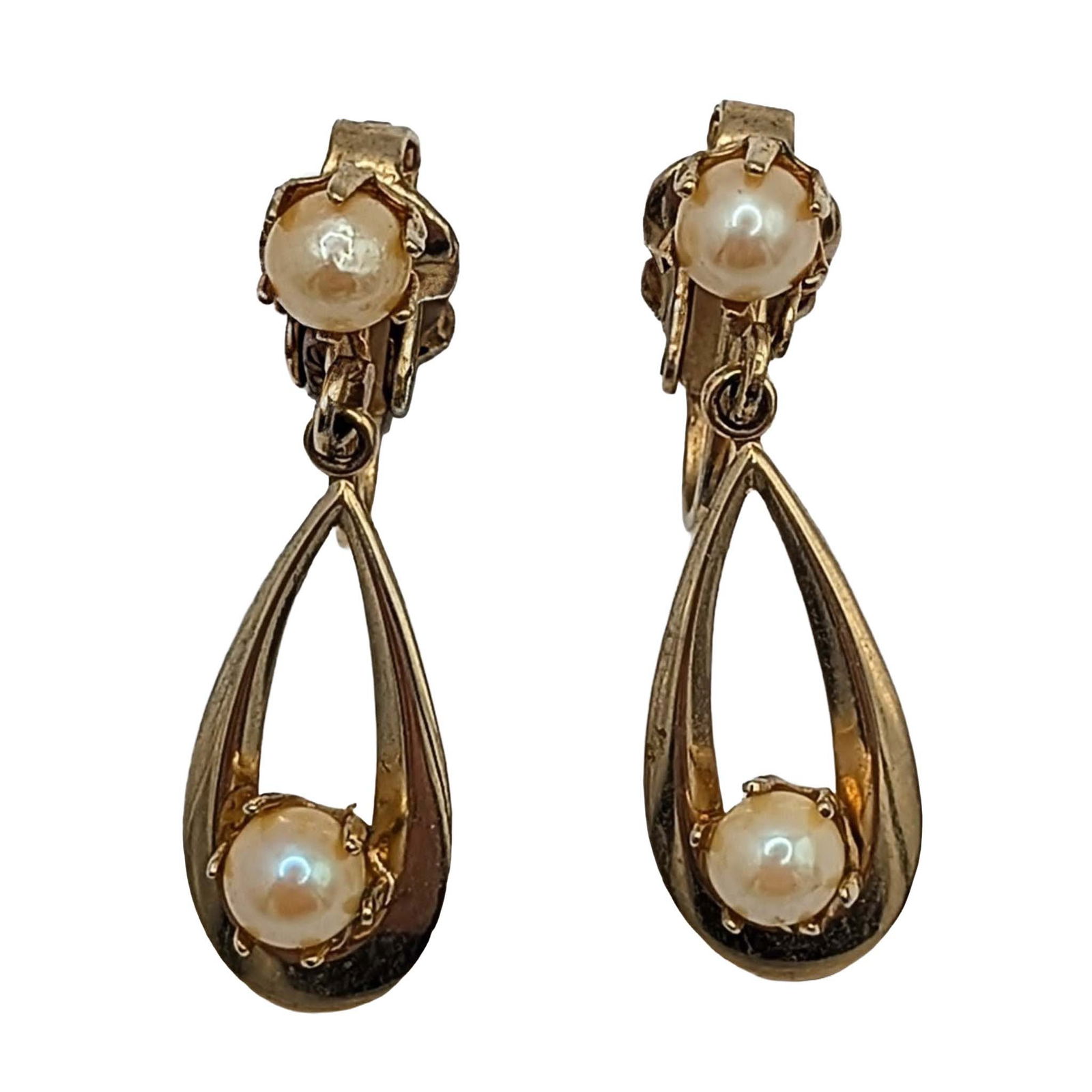 Gold Tone Metal Pearl Dangle Drop Clip Back Earrings (1 of 3)