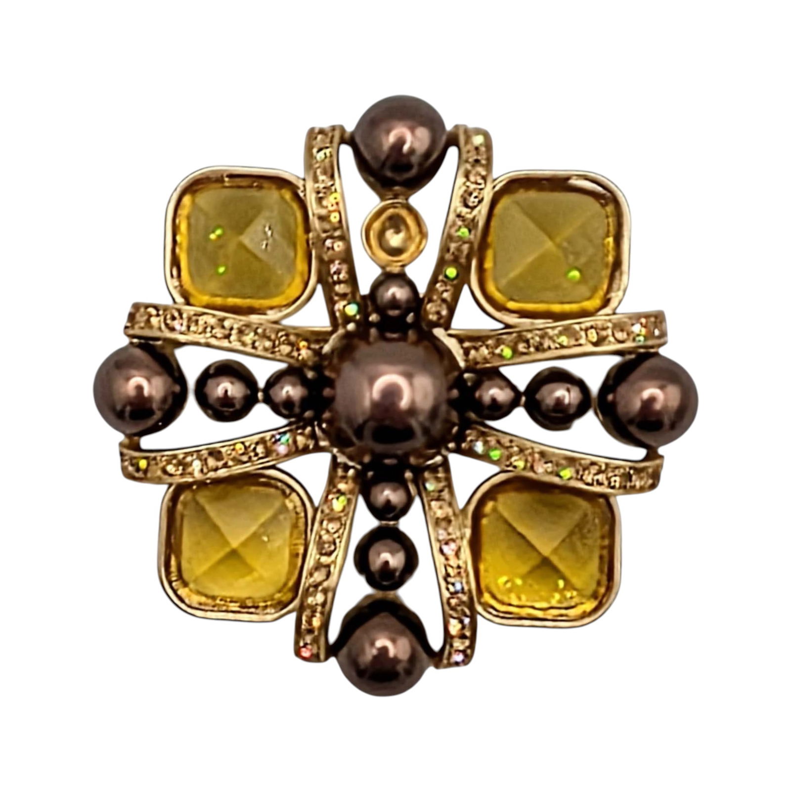 Jones New York Gold Tone Metal Faux Pearl Rhinestone Brooch: Jones New York Gold Tone Metal, Faux Chocolate Pearl, Rhinestone Brooch. Signed JNY. AS IS missing pearl. 29.5g