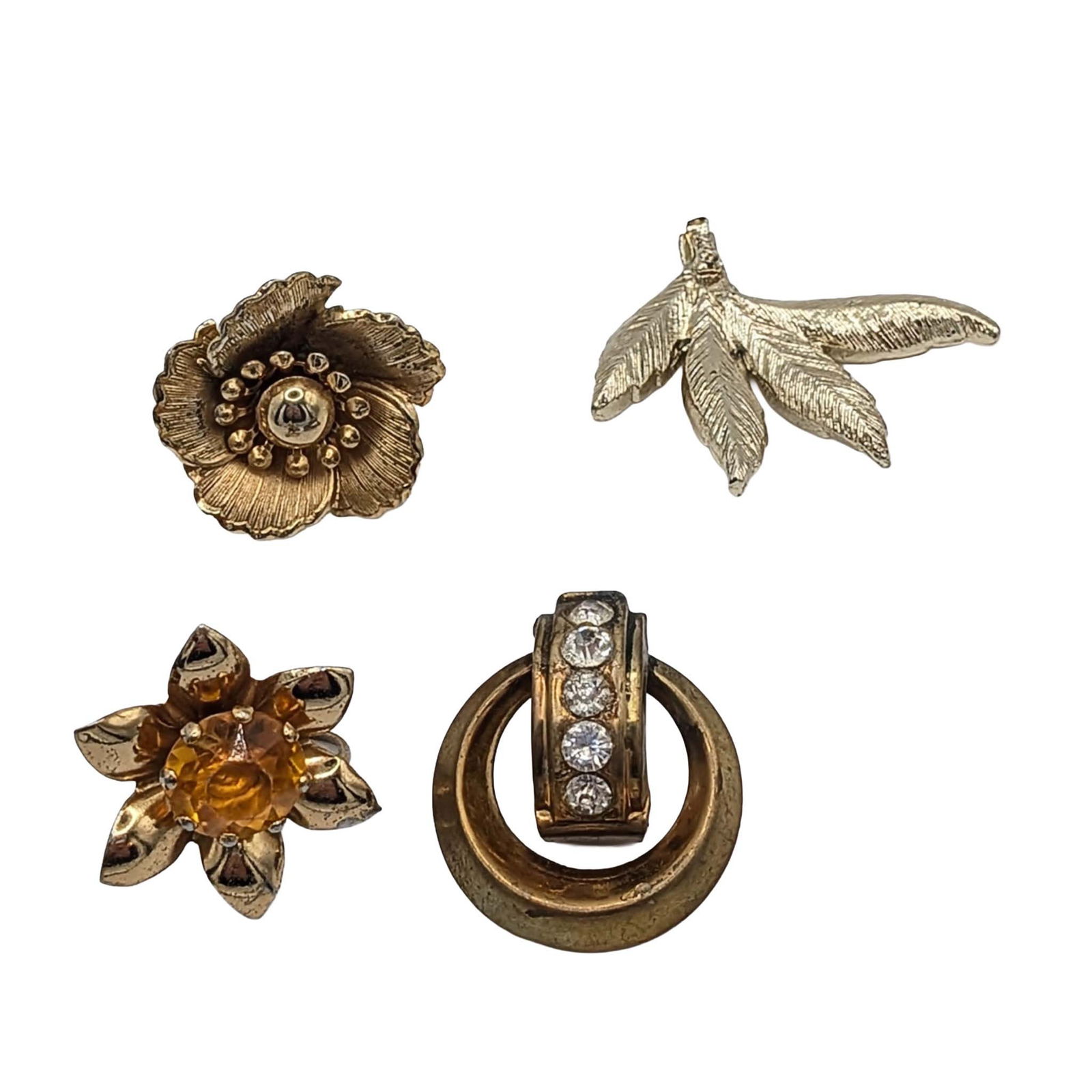 Coro Gold Tone Metal Rhinestone Costume Earring Lot: Coro Gold Tone Metal, Rhinestone Costume Earring Lot. Signed Coro. AS IS missing pieces. 19.5g