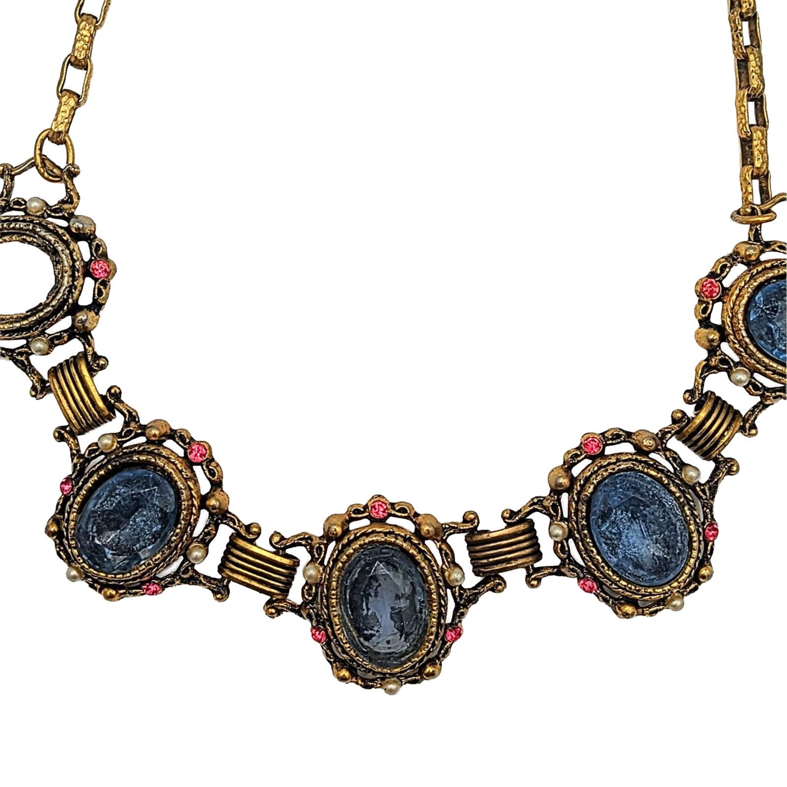 Vintage Gold Tone Metal Rhinestone Five Gem Collar Necklace: Vintage Gold Tone Metal, Rhinestone Five Gem Collar Necklace. 16-18in Length (adjustable) AS IS missing stone. Unsigned. 57.5g