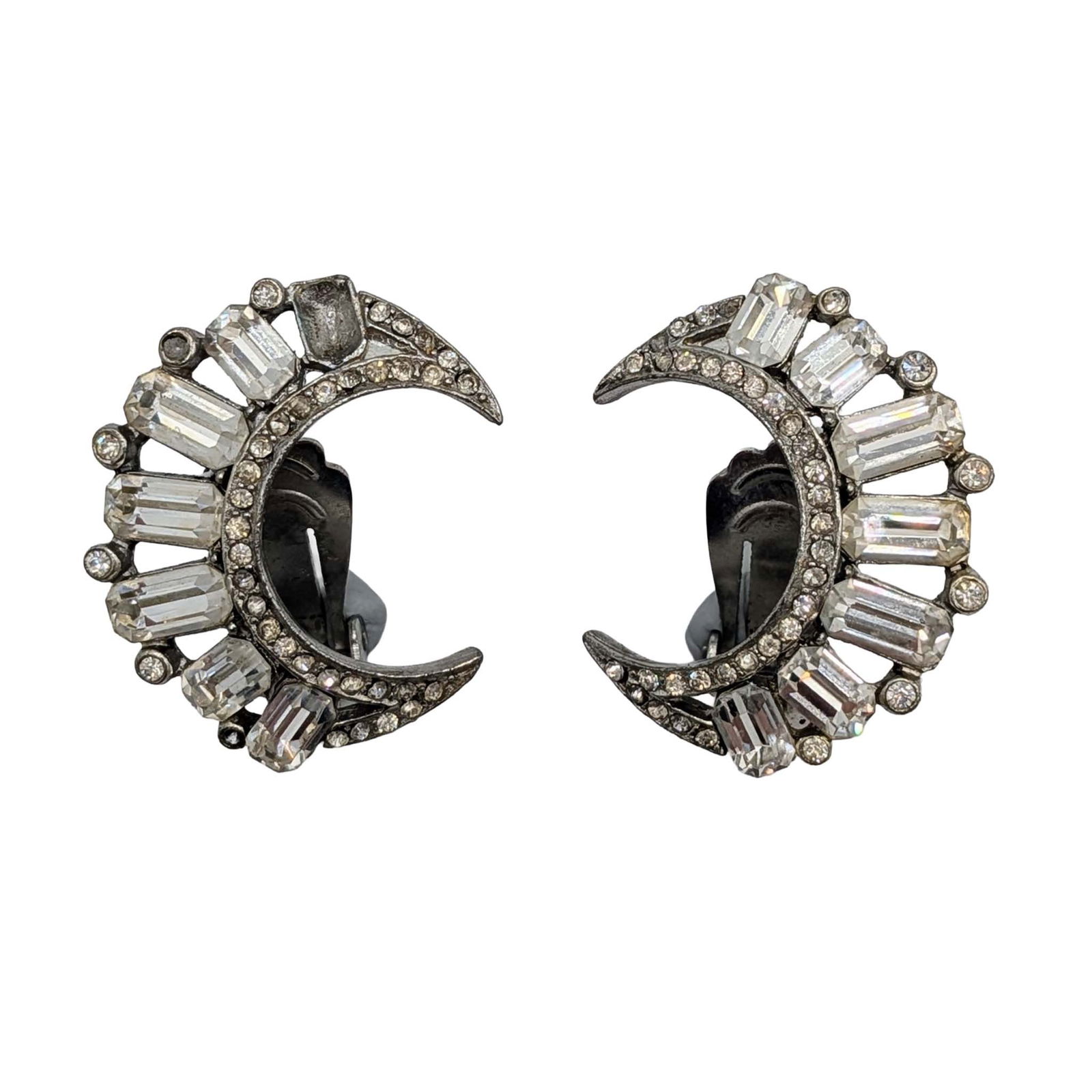Vintage Silver Tone Metal Rhinestone Crescent Moon Clip Back Earrings: Vintage Silver Tone Metal, Rhinestone Crescent Moon Clip Back Earrings. Unsigned. AS IS missing stone. 12.3g