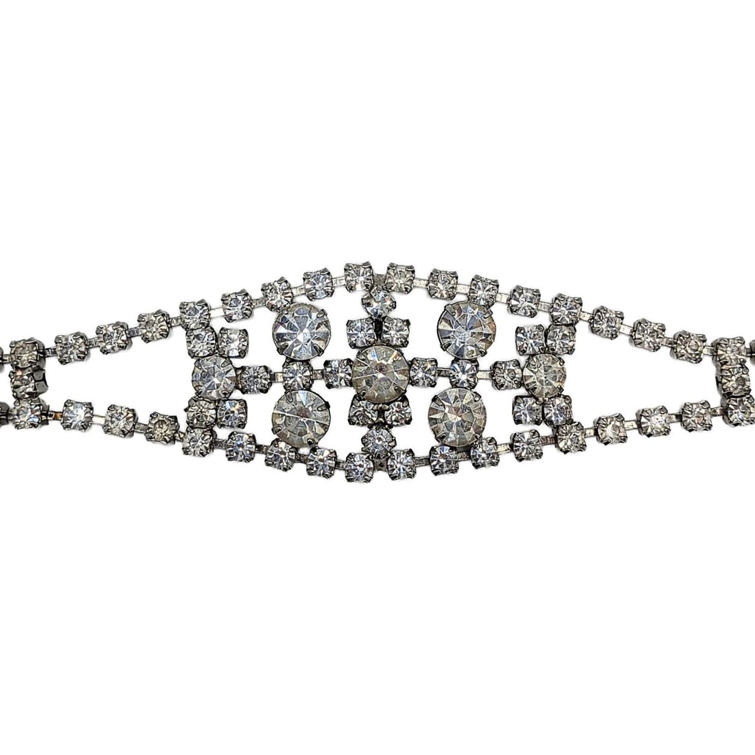 Vintage Silver Tone Metal Rhinestone Articulated Evening Bracelet: Vintage Silver Tone Metal, Rhinestone Articulated Evening Bracelet. 6.75in Length. Unsigned. 22.4g