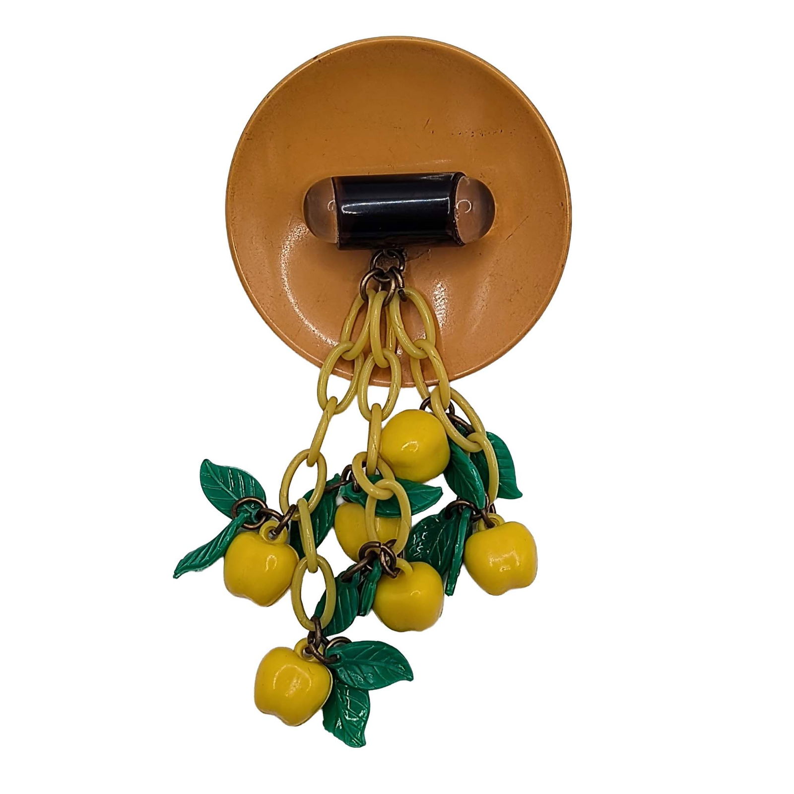 Vintage Gold Tone Metal Bakelite? Modern Apple Chain Brooch: Vintage 1960's Gold Tone Metal, Plastic -Believed to be bakelite but unsure. Modern Apple Chain Brooch. Unsigned. 22g