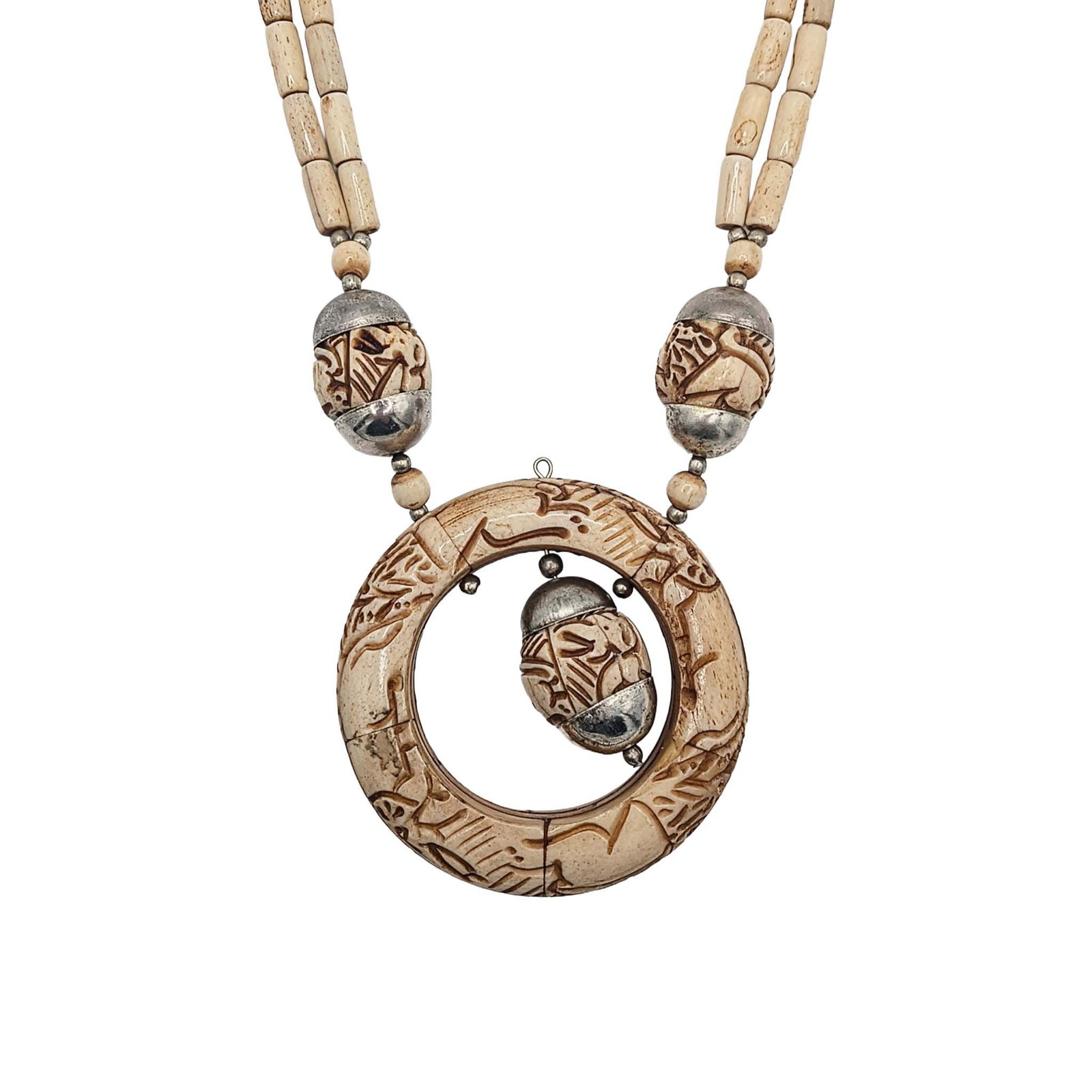 Vintage Sterling Silver Carved Bone Bead Elephant Necklace: Vintage Sterling Silver, Hand Carved Bone Bead Elephant Necklace. 24in Length. Unsigned. 118g