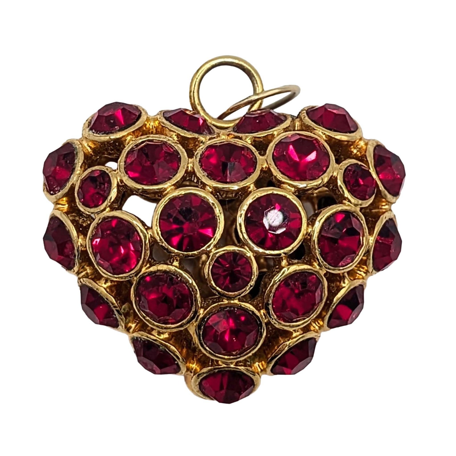 Gold Tone Metal Rhinestone Puffy Heart Pendant: Gold Tone Metal Red Rhinestone Puffy Heart Pendant. Unsigned. 29g