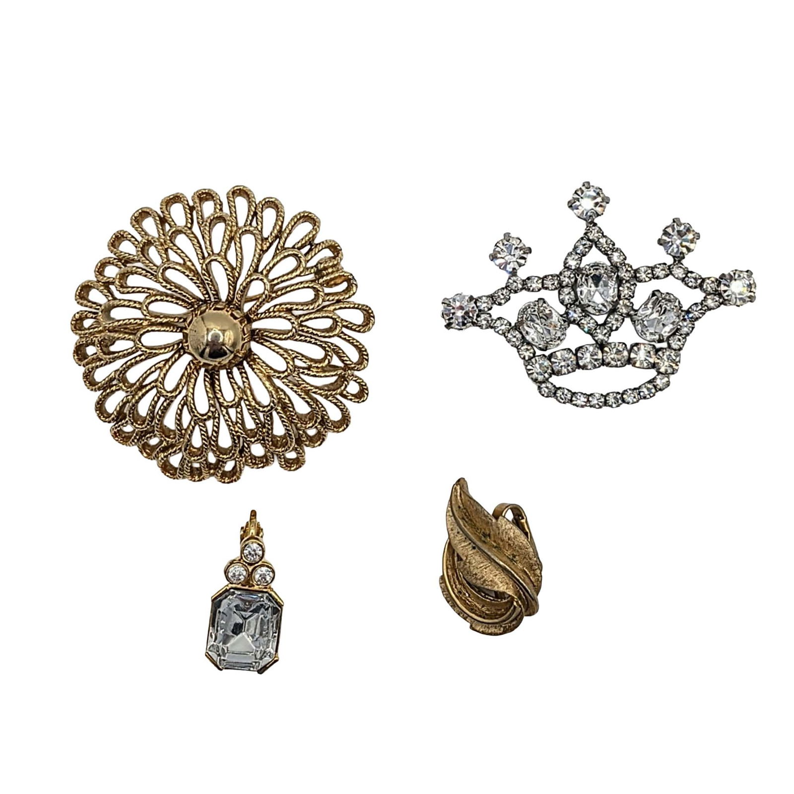 Trifari Rhinestone Costume Jewelry Lot: Trifari Gold and Silver Tone Metal, Rhinestone Costume Jewelry Lot. Signed Trifari. AS IS missing pieces. 38g