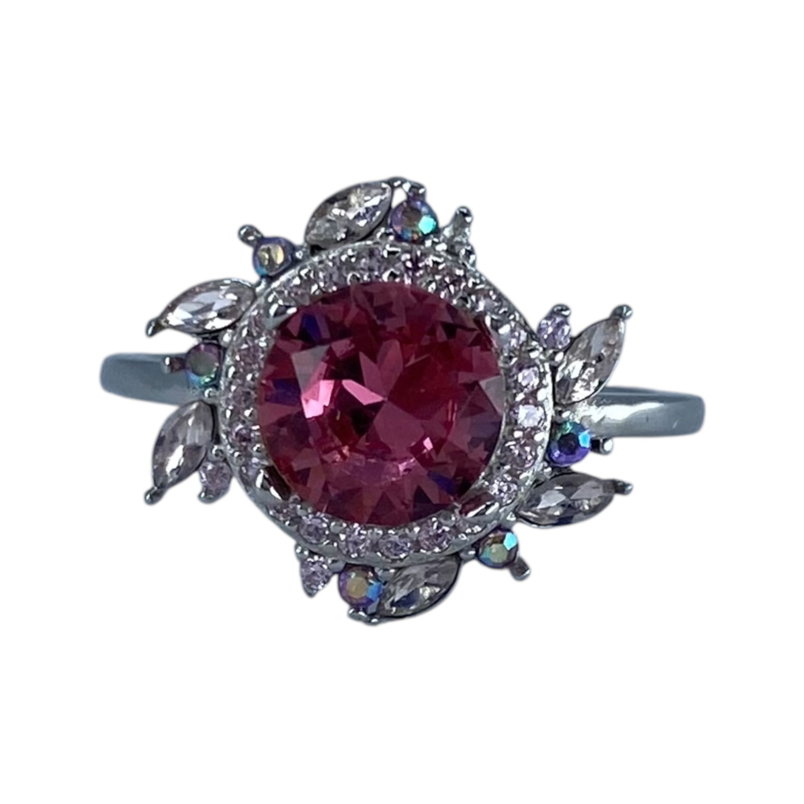 Signed Sterling Multicolor Rhinestone Interesting Halo Engagement Ring 3g sz 5.5: Signed Sterling Pink and White Rhinestone Interesting Halo Engagement Ring 3g sz 5.5 Engraved hallmark unknown - looks like another language, 925