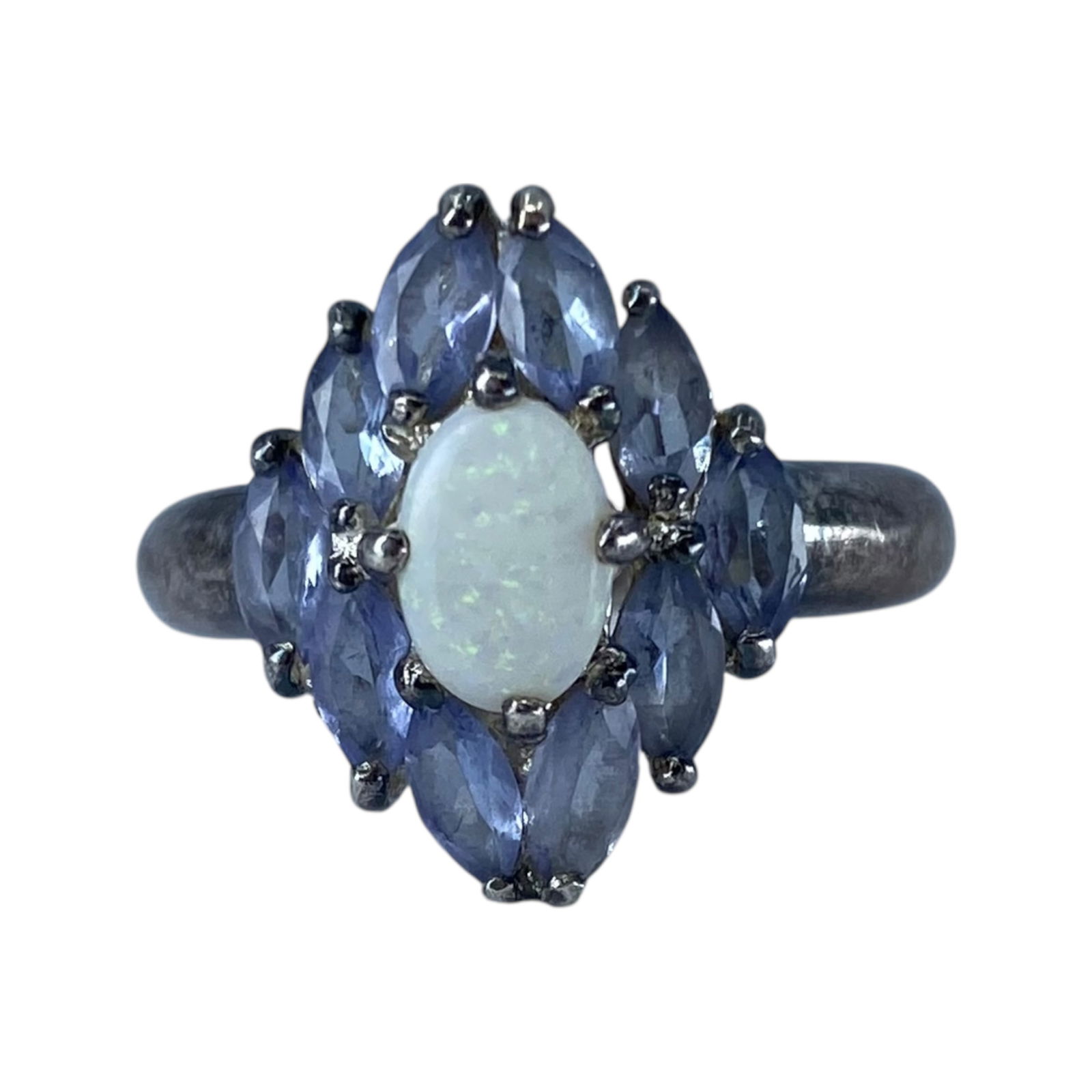 Sterling Marquise Oval Multistone Ring 4g 6.75g: Sterling Multi Marquise Iolite and White Opal Oval Ring 4g 6.75g Engraved Thailand STS 925