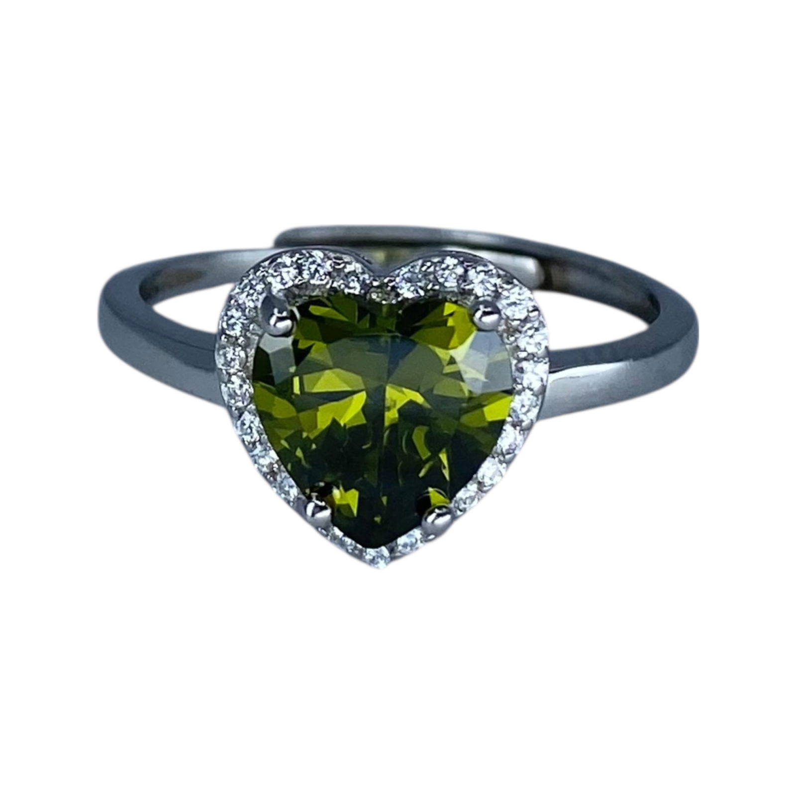 Sterling Multicolor Heart Rhinestone Adjustable Halo Ring 2.4g sz 7.5: Sterling Green Heart and White Rhinestone Adjustable Halo Ring 2.4g sz 7.5, Engraved S925