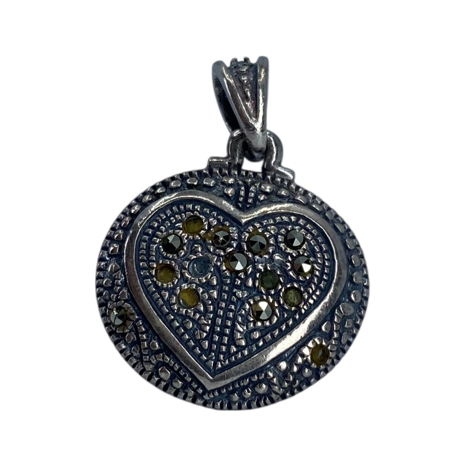 Signed Sterling Marcasite Heart Circle Pendant 5g: Signed Sterling Marcasite Heart Circle Pendant 5g Engraved A 925 Thailand, Sold as is - missing Marcasite