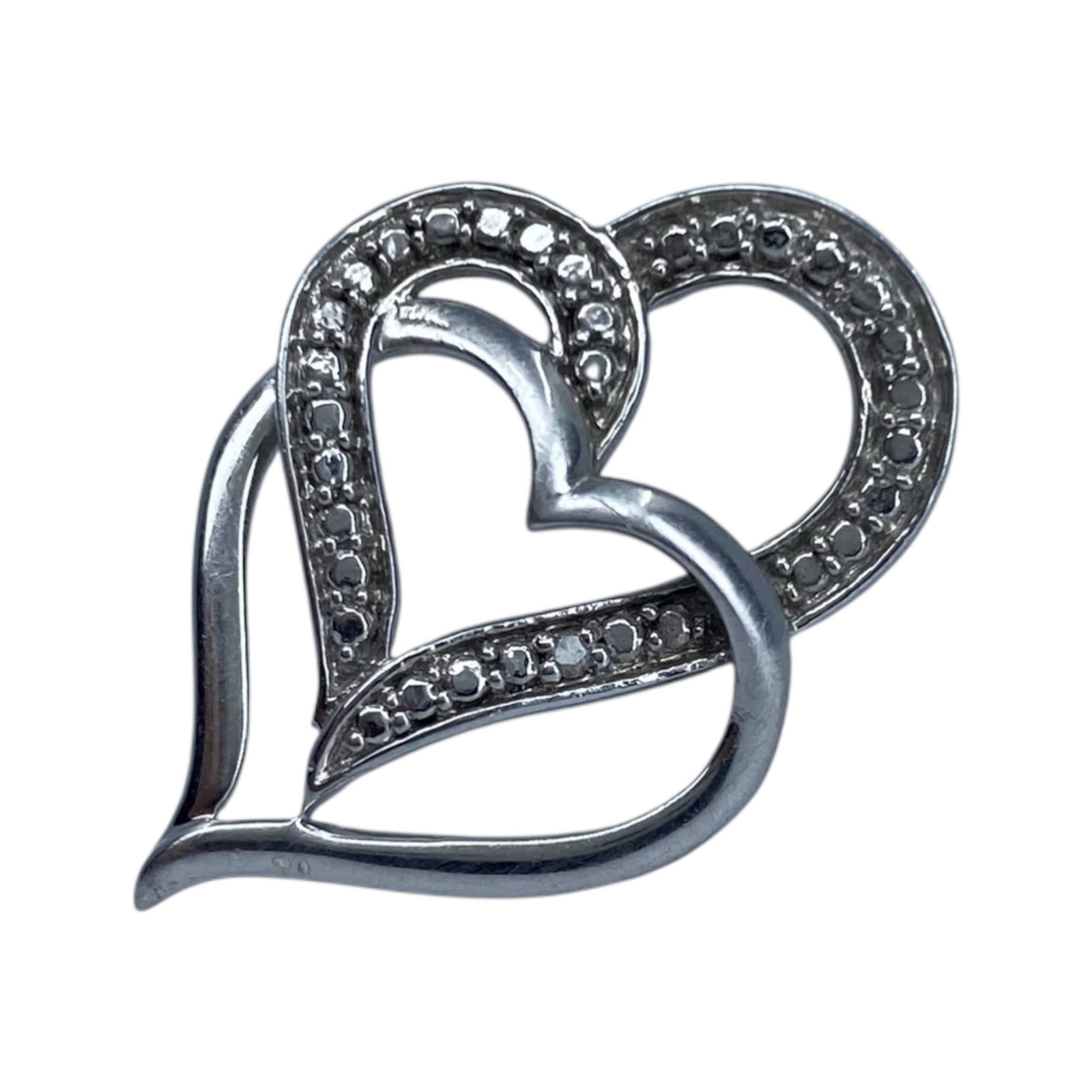 Signed Sterling Diamond Double Heart Pendant 3g: Signed Sterling Small Single Diamond Double Heart Pendant 3g, Engraved 925 GC