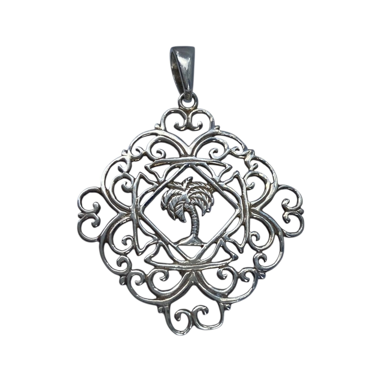 Sterling Swirl Palm Tree Cut Out Pendant 3.1g: Sterling Swirl Palm Tree Cut Out Pendant 3.1g Engraved 925