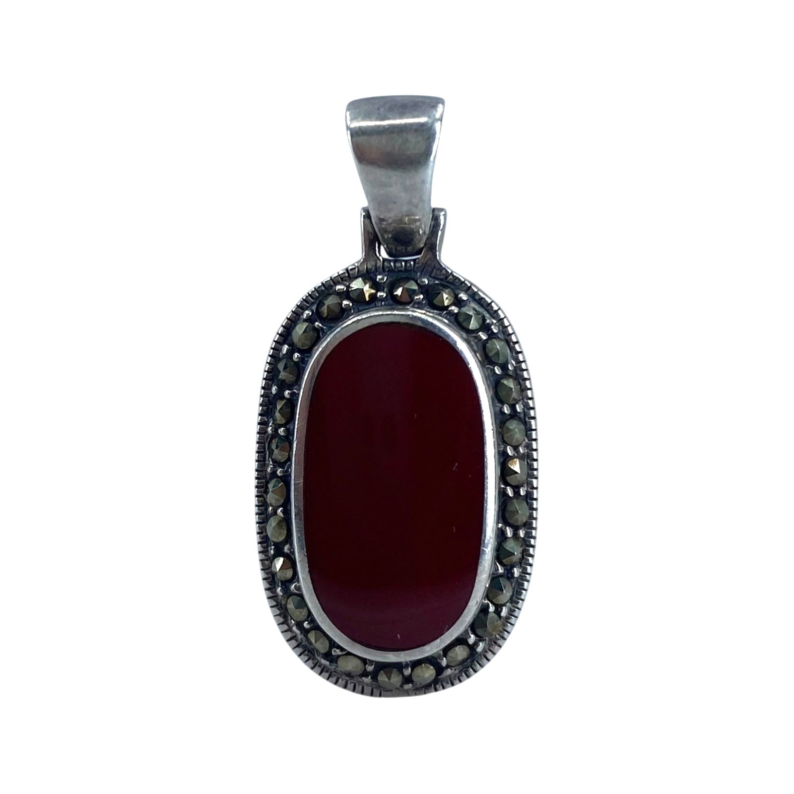 Sterling Oval Cabochon Carnelian Marcasite Pendant 5g: Sterling Oval Cabochon Carnelian Marcasite Pendant 5g Engraved 925