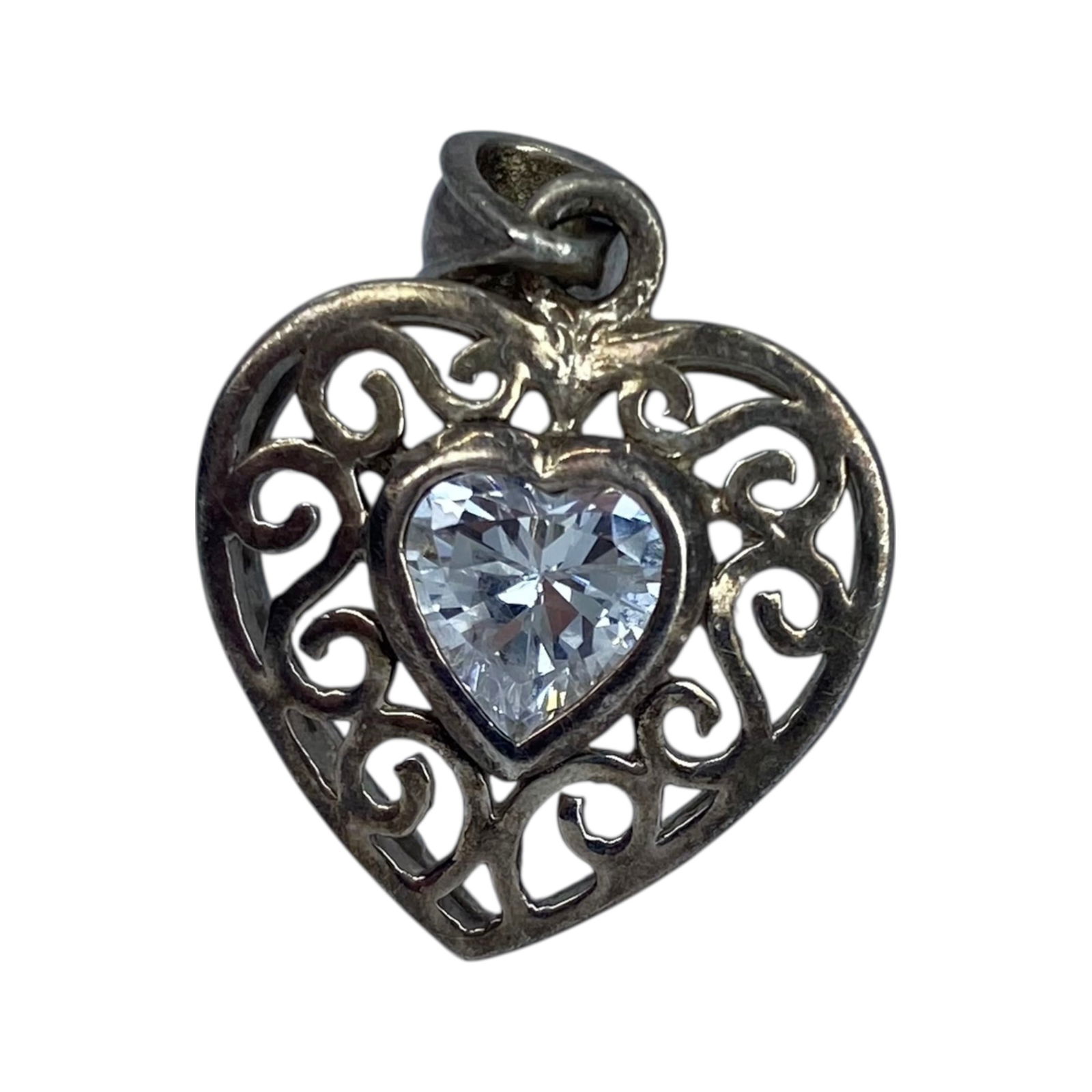 Signed Sterling Heart CZ Cut Out Pendant 4.2g: Signed Sterling Heart CZ Cut Out Pendant 4.2g Engraved DC CZ 925
