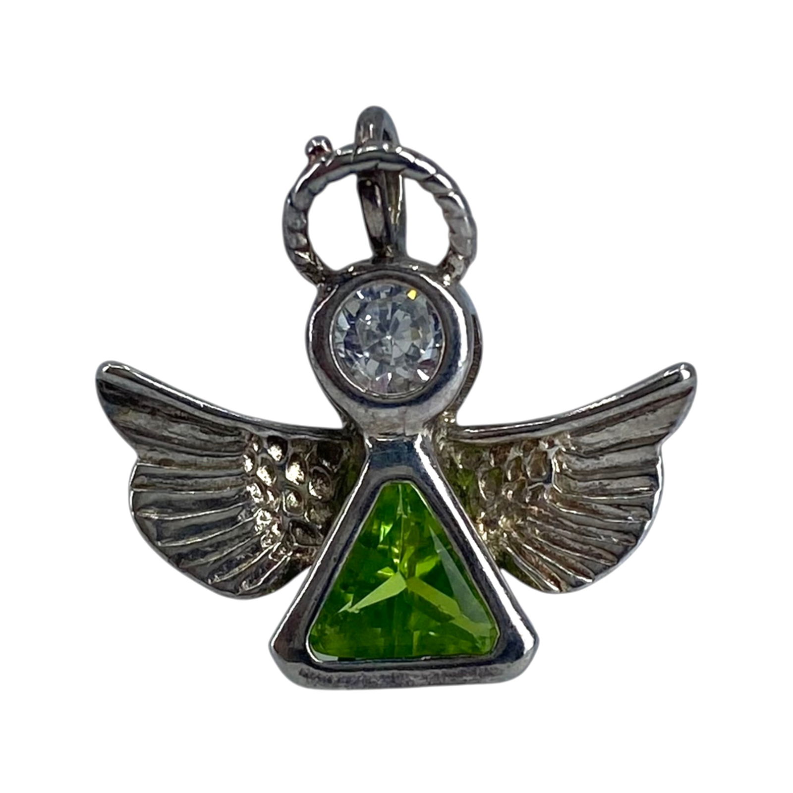 Signed Sterling Multi Stone Angel Pendant 2g: Signed Sterling Colorless and Green Rhinestone Angel Pendant 2g Engraved AT 925