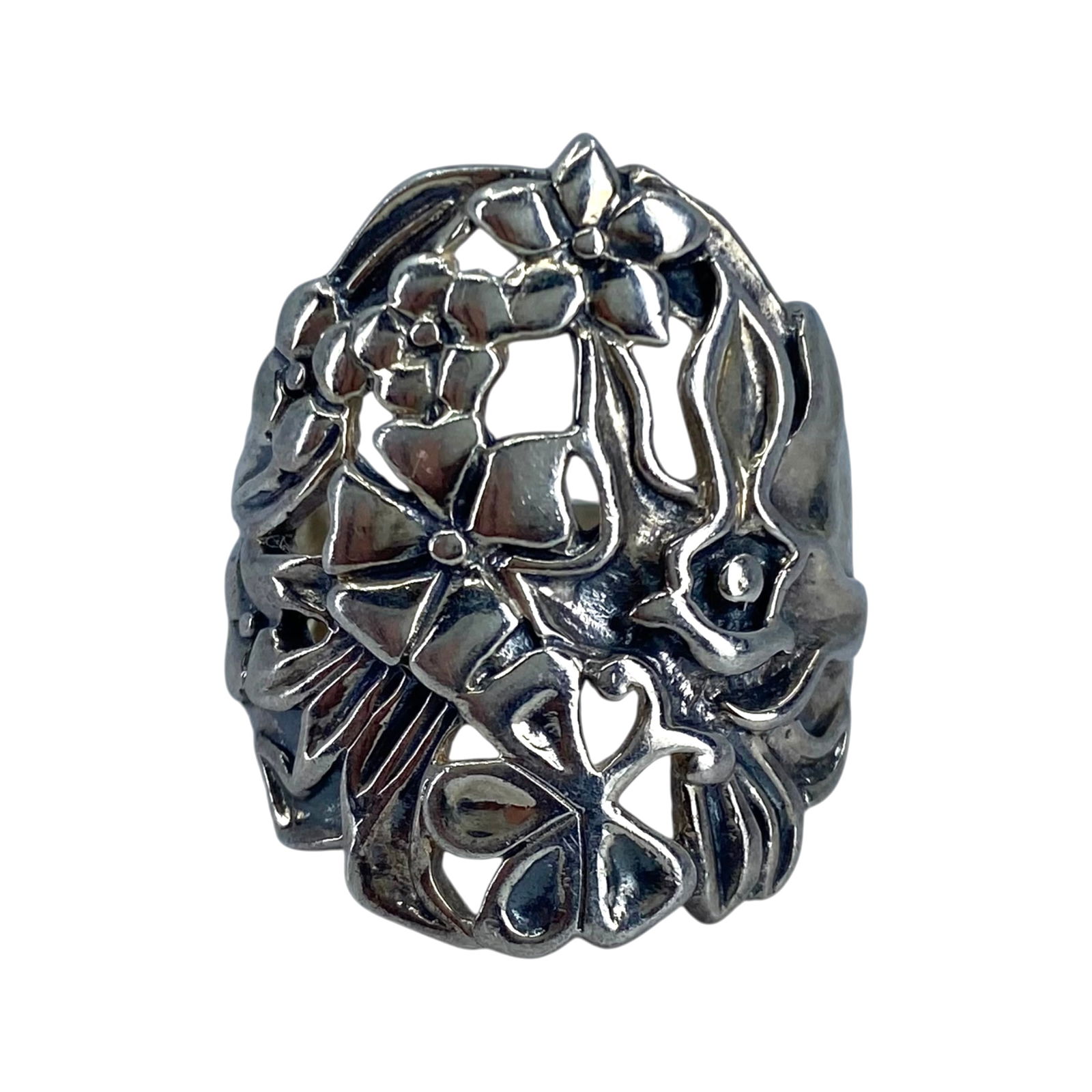 Signed Sterling Floral Cut Out Ring 9.2g sz 8: Signed Sterling Floral Cut Out Ring 9.2g sz 8 Engraved NF 925 Thailand