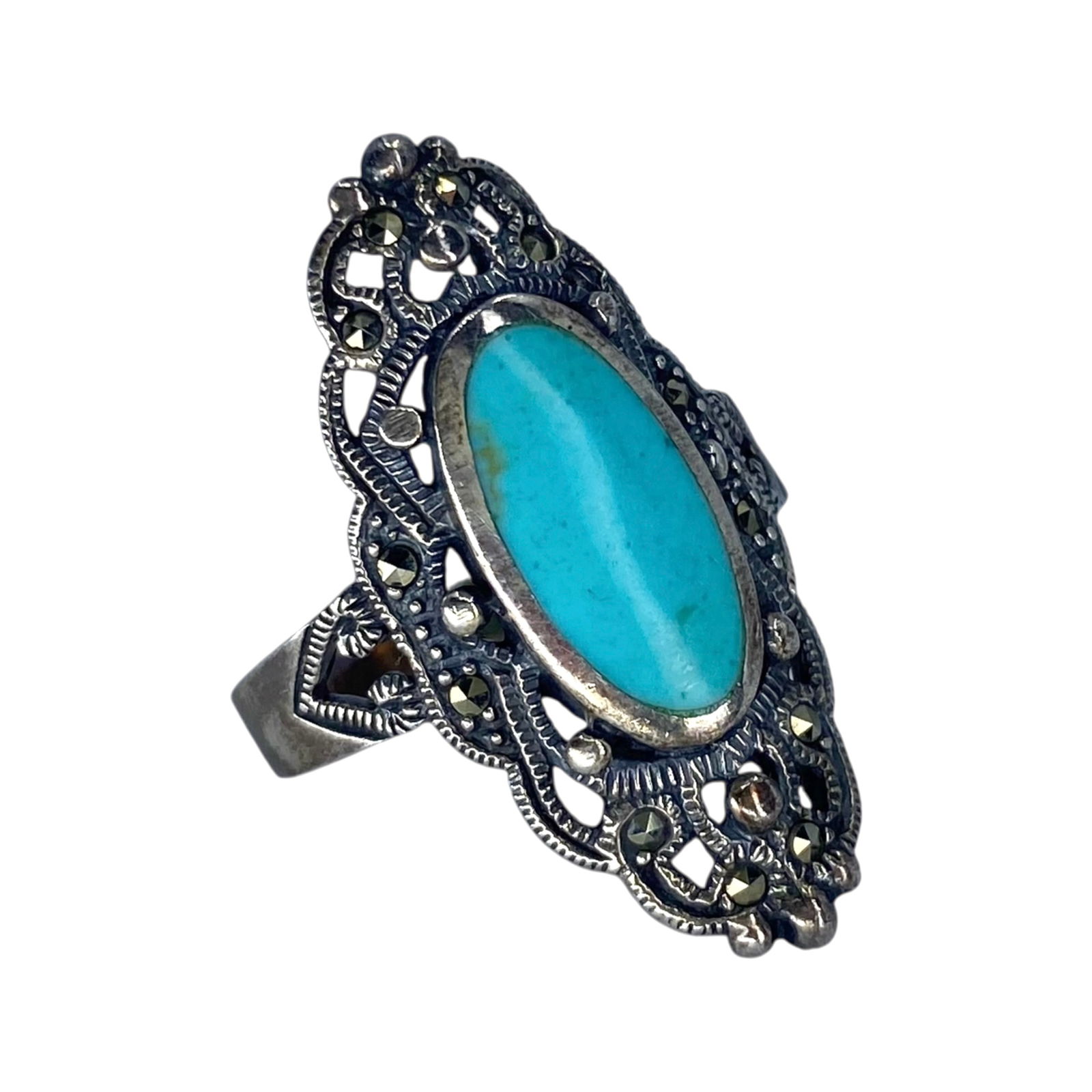 Sterling Turquoise Marcasite Vintage Ring 6g sz 9: Sterling Turquoise Marcasite Vintage Ring 6g sz 9 Engraved 925