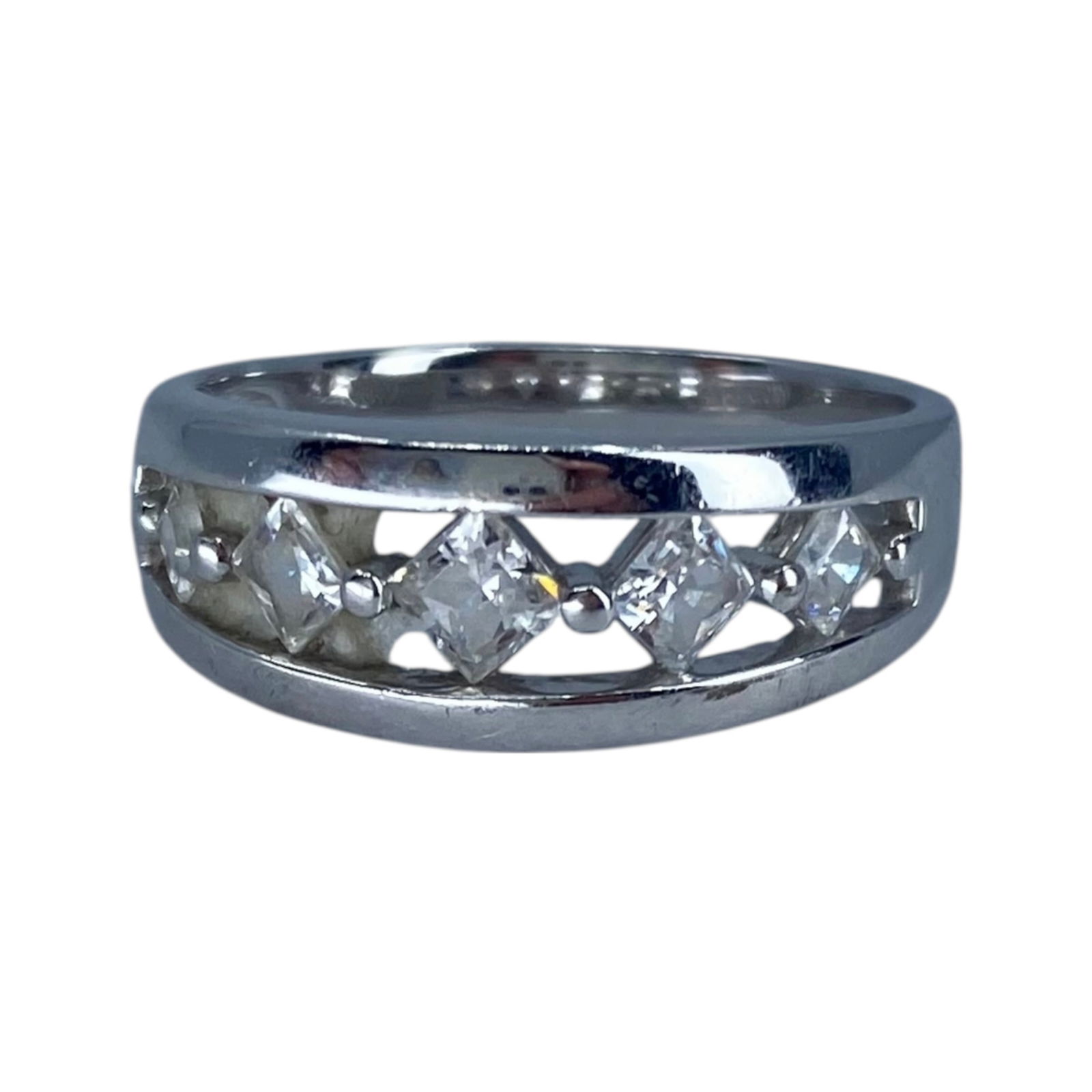 Signed Sterling Princess Cut CZ Half Eternity Band 4g sz: Signed Sterling Princess Cut CZ Half Eternity Band 4g sz 8, Engraved SW 925 CZ China