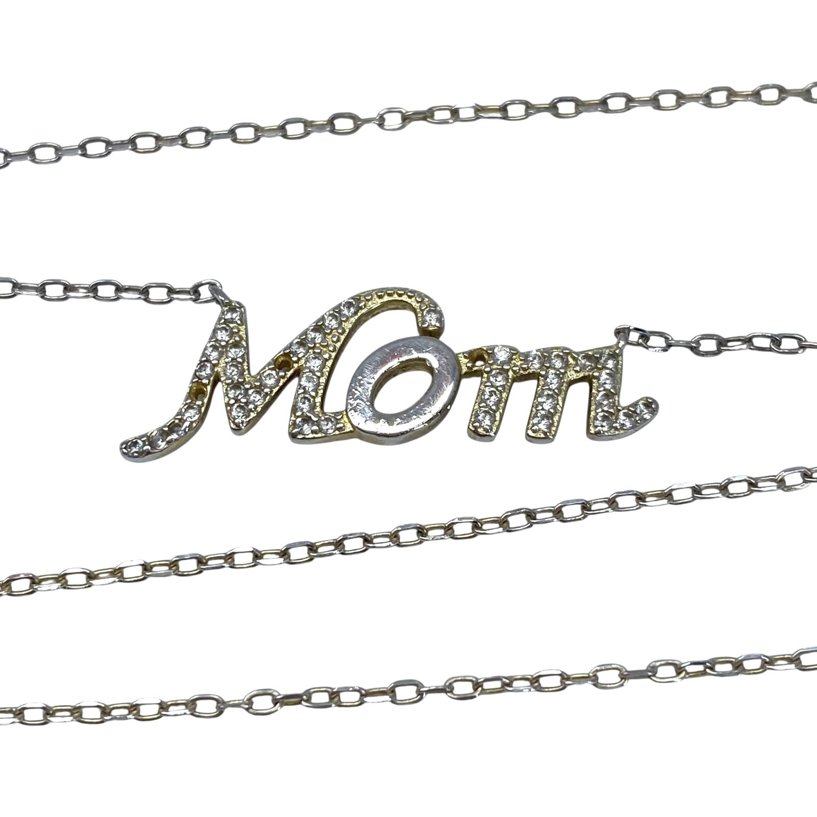 Sterling Rhinestone Mom Pendant Necklace 18in 2.34g: Sterling Rhinestone Mom Pendant Necklace 18in 2.34g Engraved 925, Sold as is: missing rhinestones, may have been gold over Sterling but faded