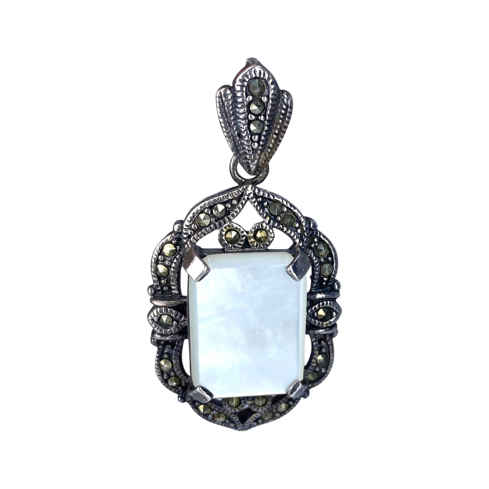 Sterling Multi Stone Vintage Rectangle Pendant 9.2g: Sterling Marcasite and Mother of Pearl Vintage Rectangle Pendant 9.2g Engraved NF 925