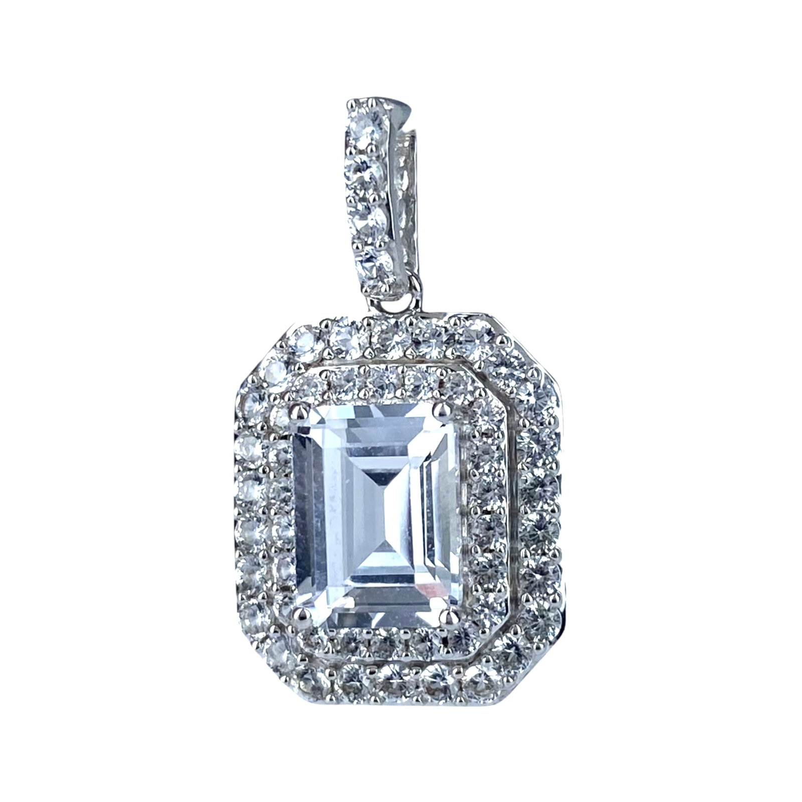 Signed Sterling Emerald Cut White Sapphire Halo Pendant 2.2g: Signed Sterling Emerald Cut White Sapphire Halo Pendant 2.2g Engraved 925 JWBR