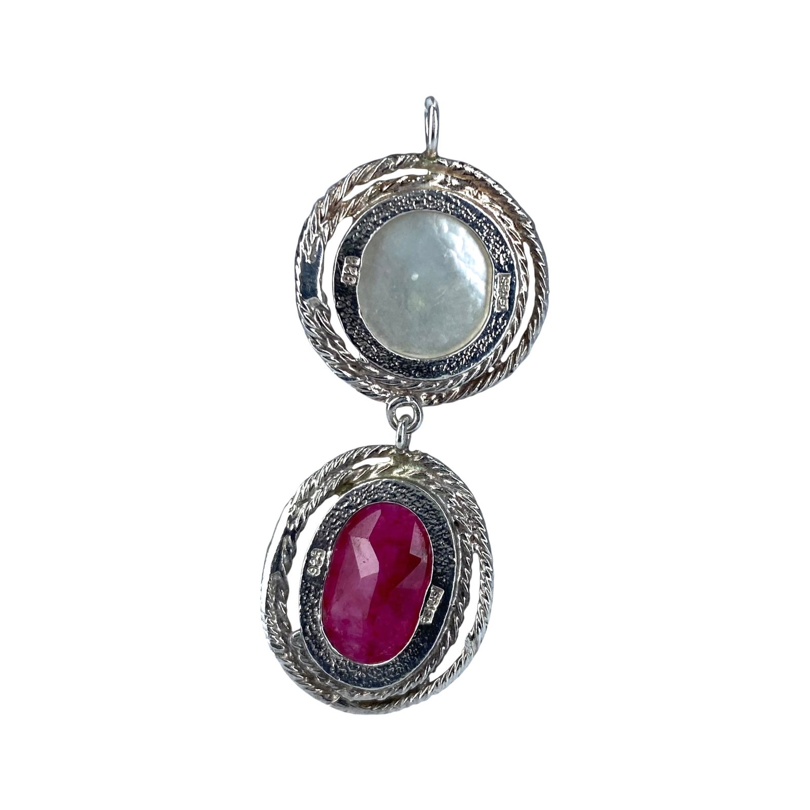 Israel Sterling Multi Stone Dangle Pendant 5.4g: Israel Sterling Oval Cut Jade and Circle Mother of Pearl Dangle Pendant 5.4g Engraved 925 Israel