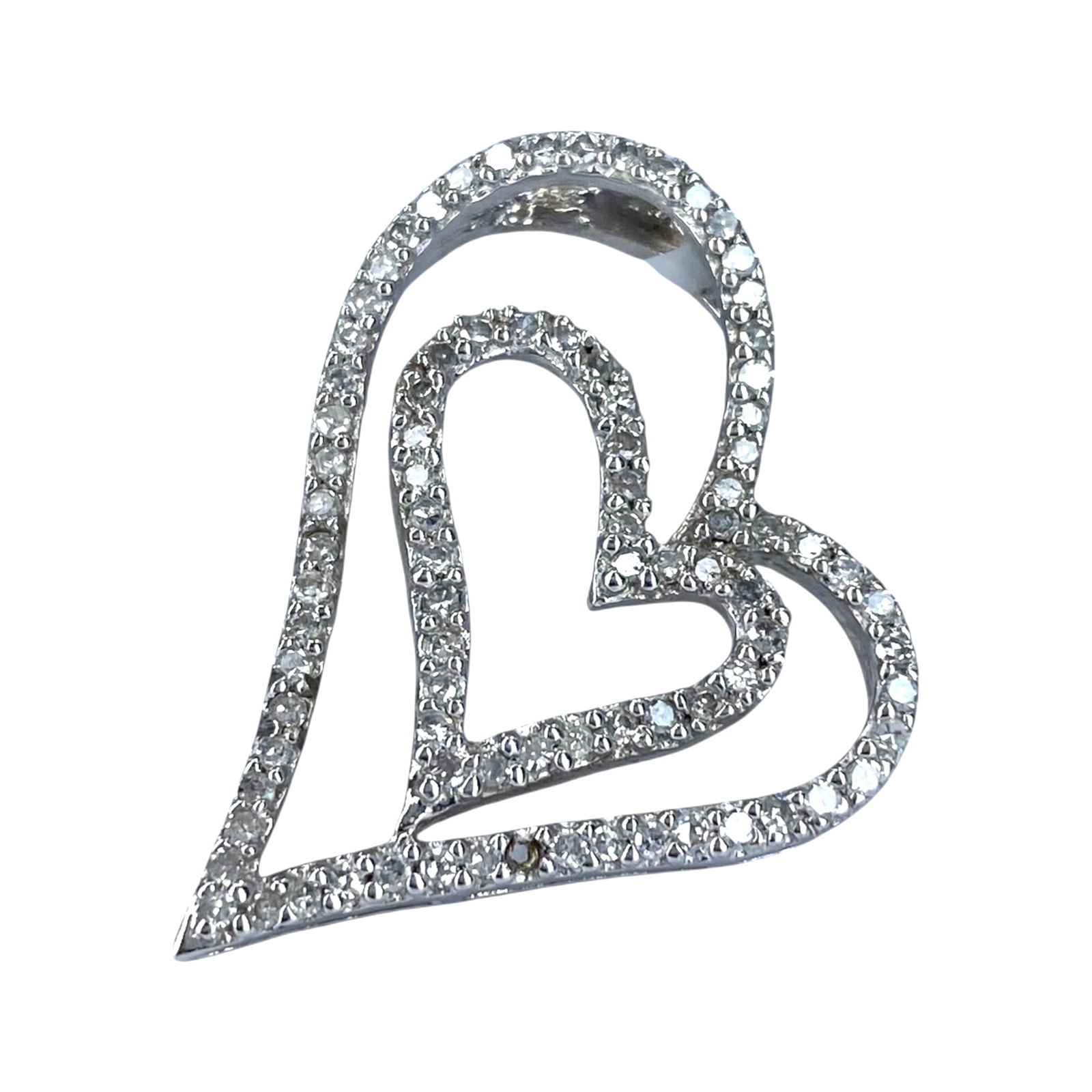 Signed Sterling Diamond Double Heart Pendant 2.5g: Signed Sterling Diamond Double Heart Pendant 2.5g Engraved HV in a circle, 925 China, Sold as is- one Diamond missing
