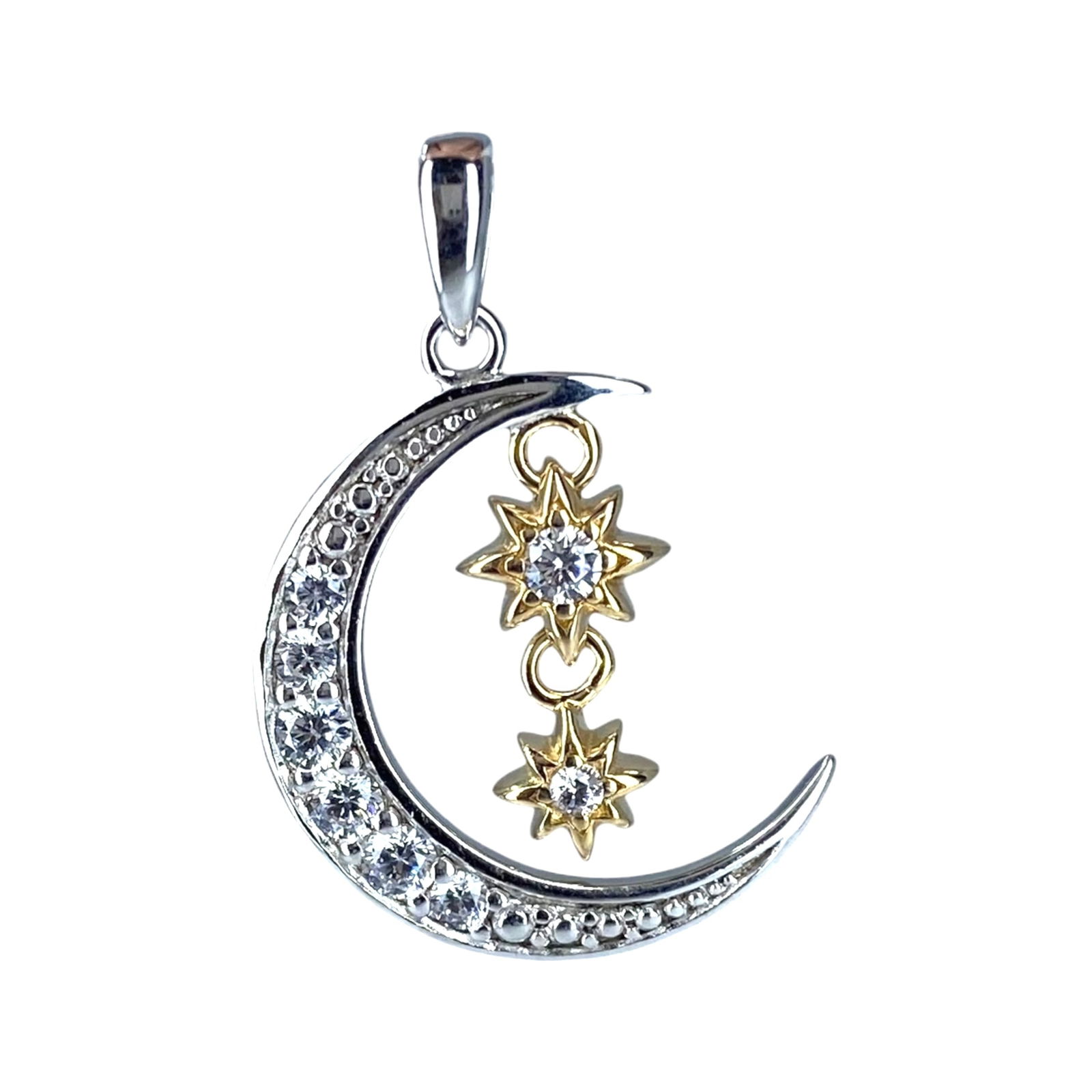 Signed Sterling Rhinestone Moon And Stars Pendant 2.4g: Signed Sterling Rhinestone Moon And Gold Over Sterling Stars Pendant 2.4g Engraved 925 FD CN