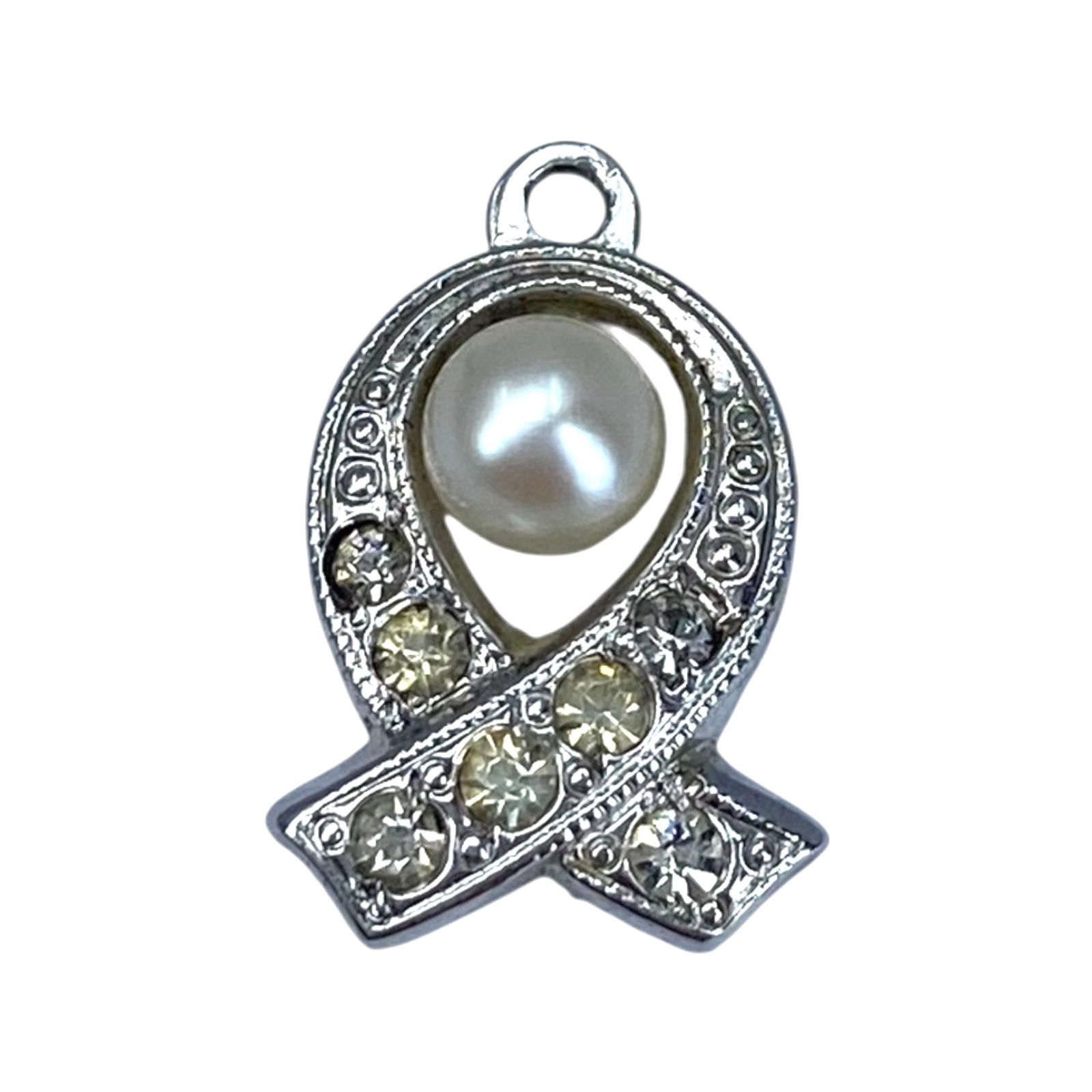 Sterling Multi Stone Ribbon Charm 1.34g: Sterling Pearland Rhinestone Ribbon Charm 1.34g Engraved Sterling