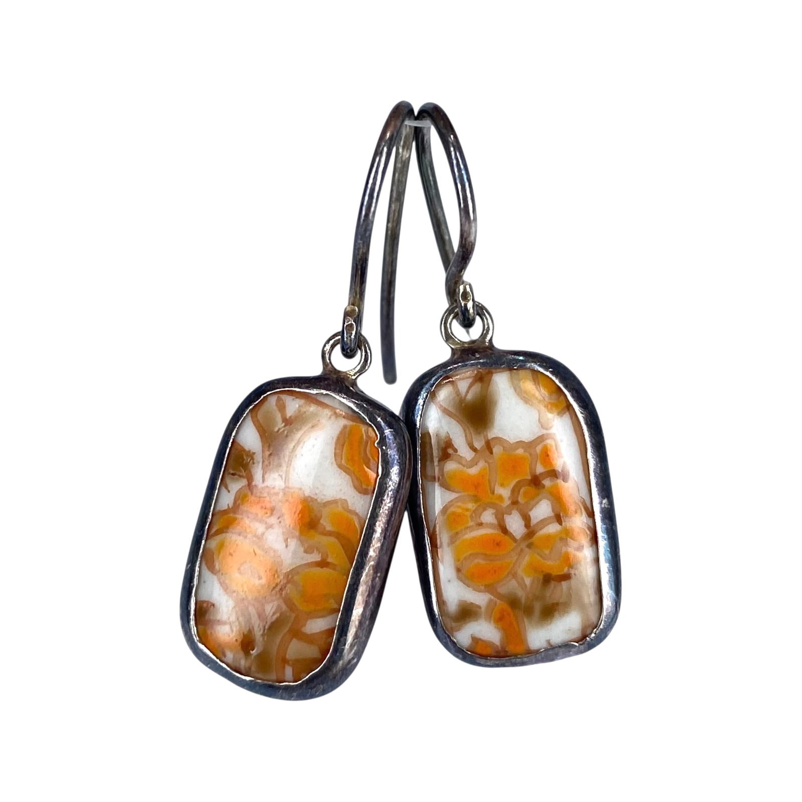 Sterling Orange Floral Painted Glass Earrings 4g: Sterling Orange Floral Painted Glass Earrings 4g