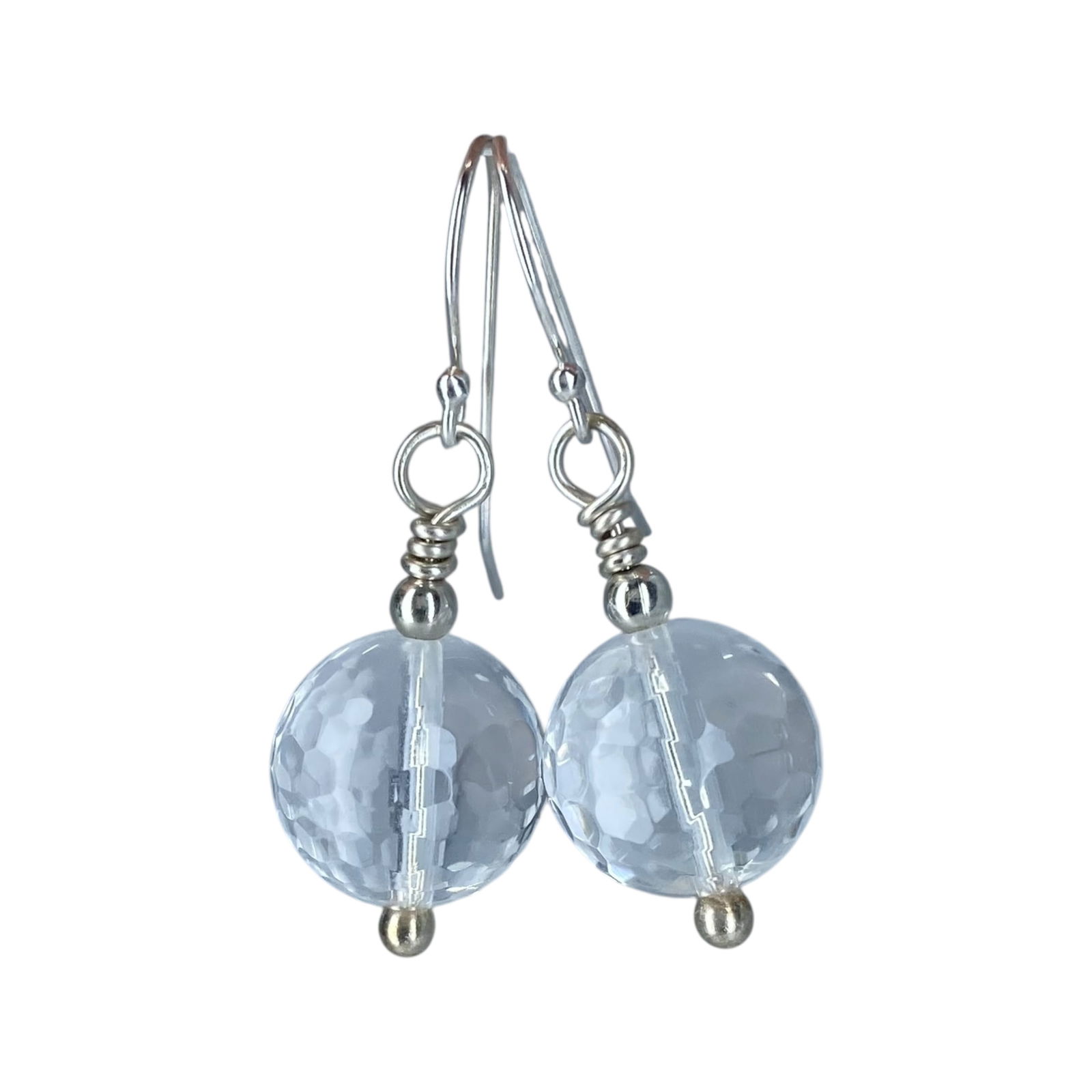 Sterling Faceted Clear Quartz Ball Dangle Earrings 6g: Sterling Faceted Clear Quartz Ball Dangle Earrings 6g Engraved 925