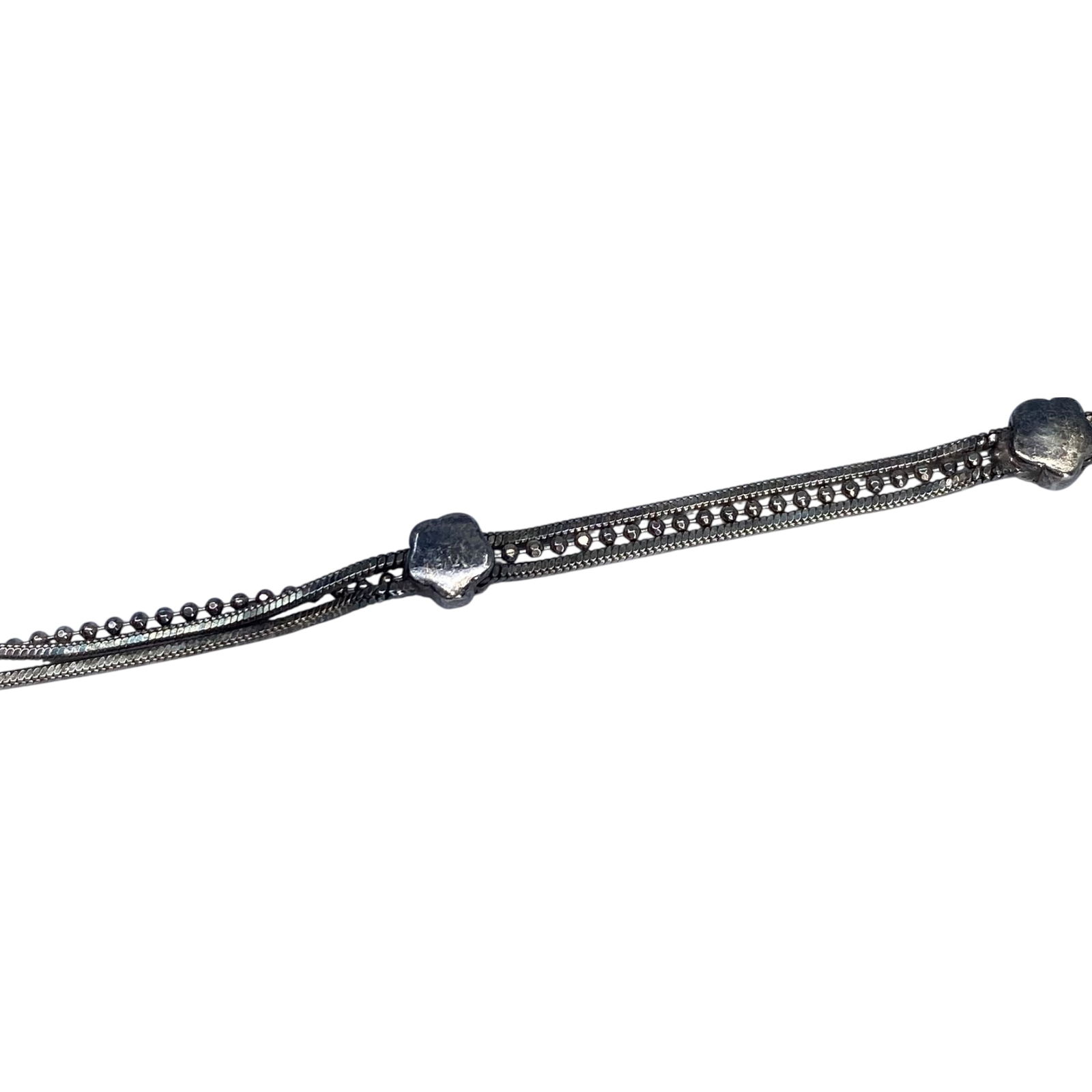 Sterling Multi Chain Flower Link Bracelet 7.25in 6.7g: Sterling Square Box and Bead Chain Flower Link Bracelet 7.25in 6.7g Engraved 925,sold as is - one link broken from flower link