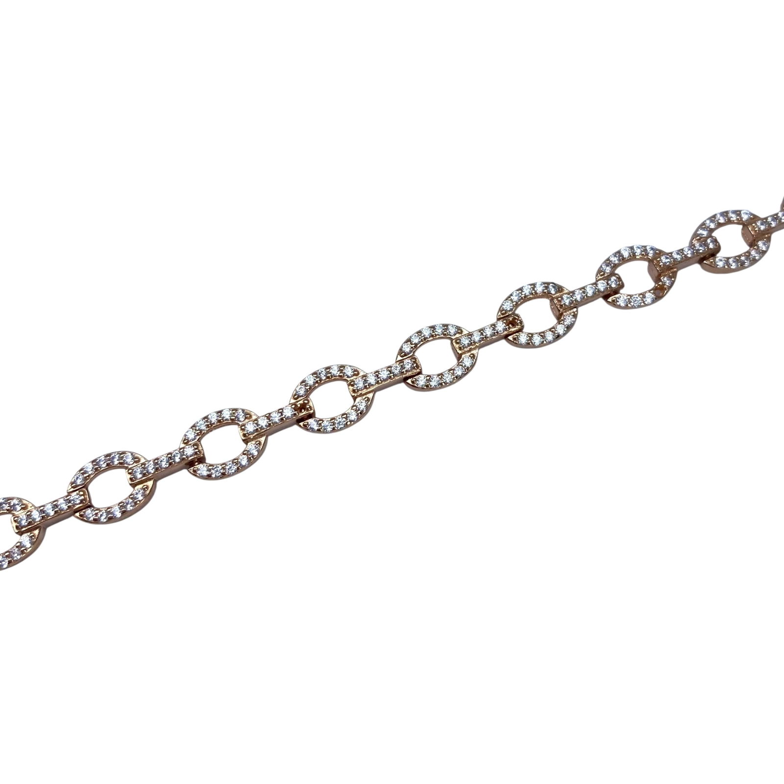 Signed Rose Gold Over Sterling CZ Pave Link Bracelet 7.25in 9.1g: Signed Rose Gold Over Sterling CZ Pave Link Bracelet 7.25in 9.1g Engraved IBB in 925 CZ HVE China, sold as is- 2 stones missing