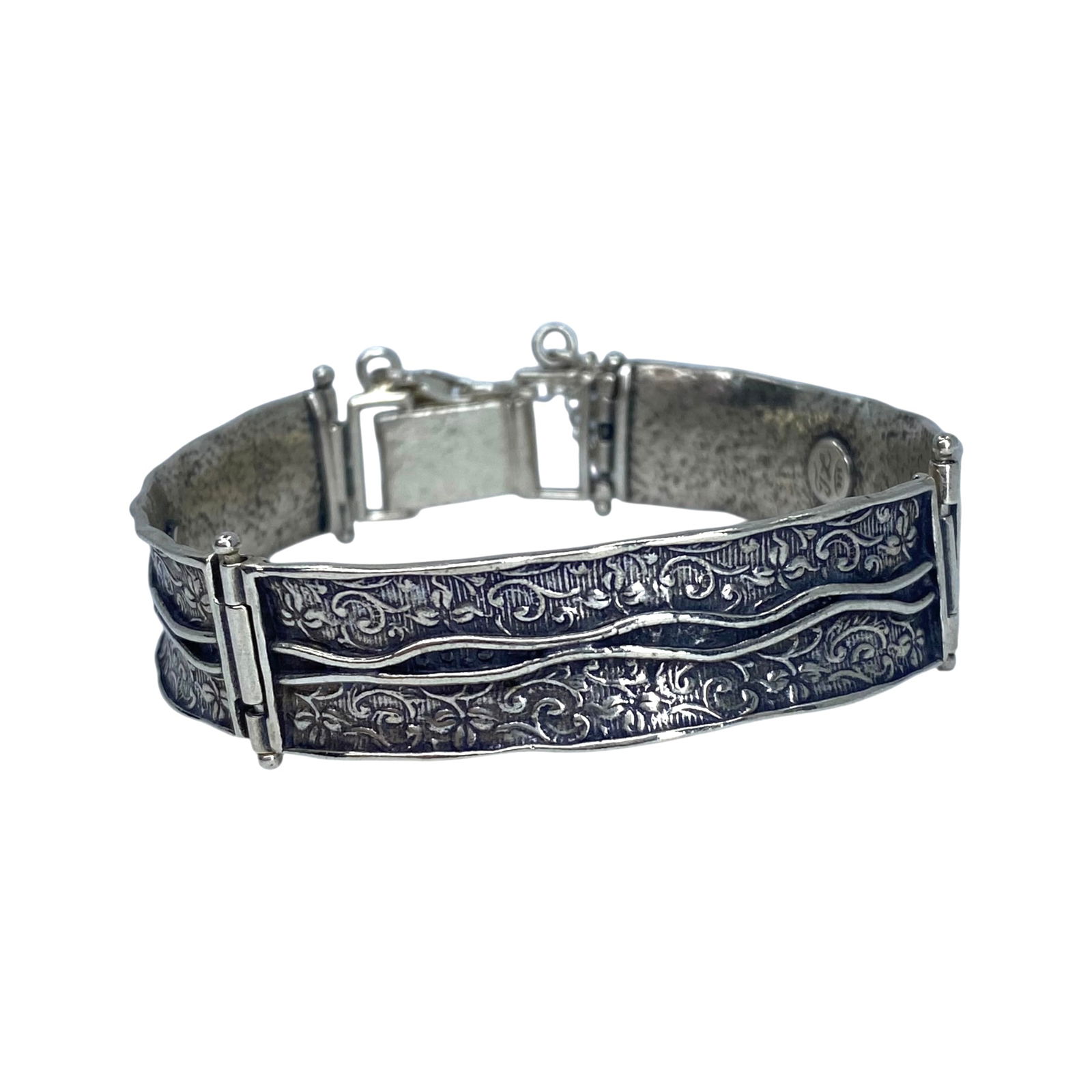 Signed Sterling Floral Scrollwork Bracelet 6.25in 23g: Signed Sterling Floral Scrollwork Bracelet 6.25in 23g Engraved with TL 925