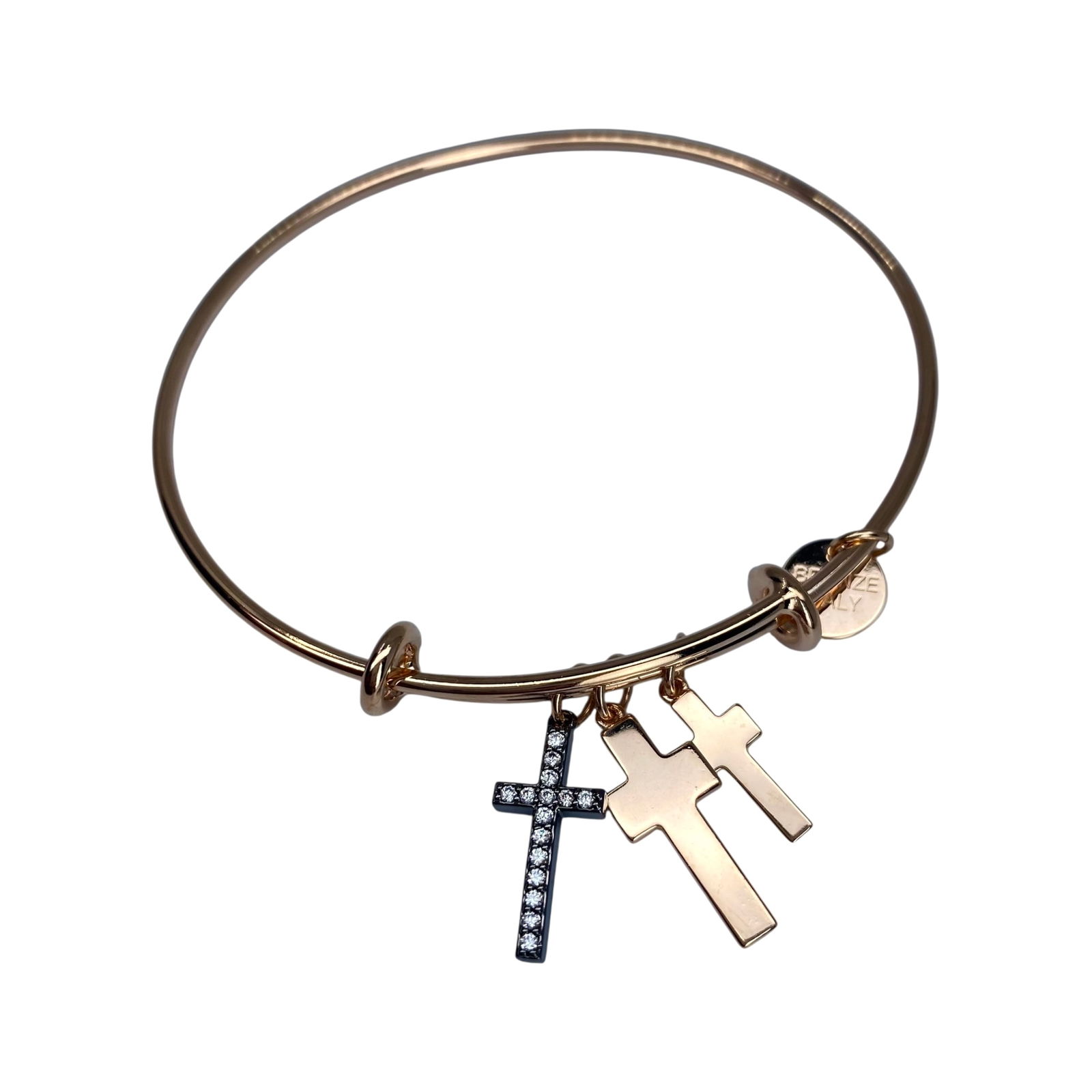 Signed Bronze Cross Charm Bangle 7in 8g: Signed Bronze Cross With Rhinestone Charm Bangle 7in 8g Engraved LR with an arrow, Bronze Italy